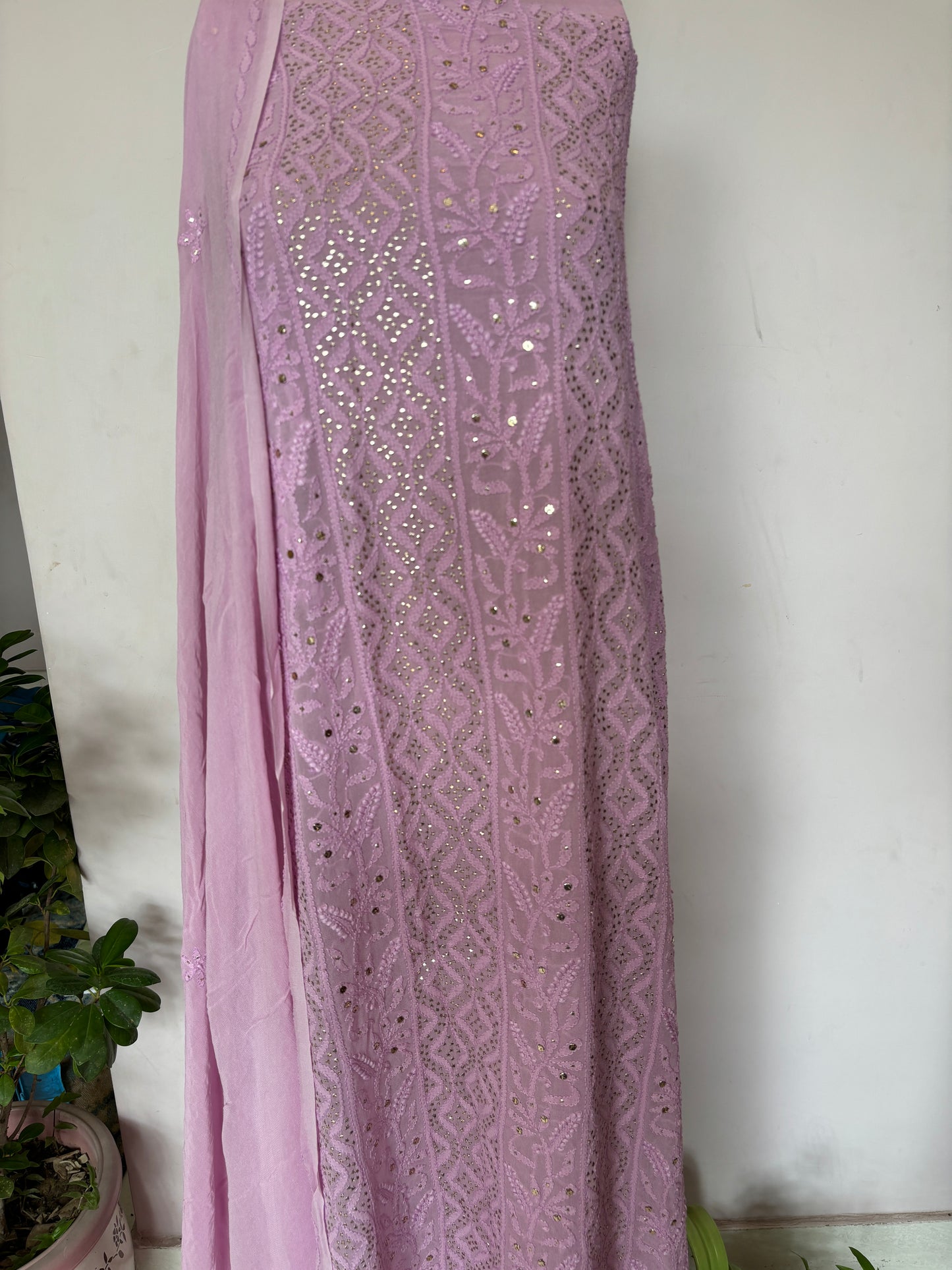 Purple Intricate Chikankari Hand Embroidered Shirt and Dupatta Fabric Adorned With Mukaish