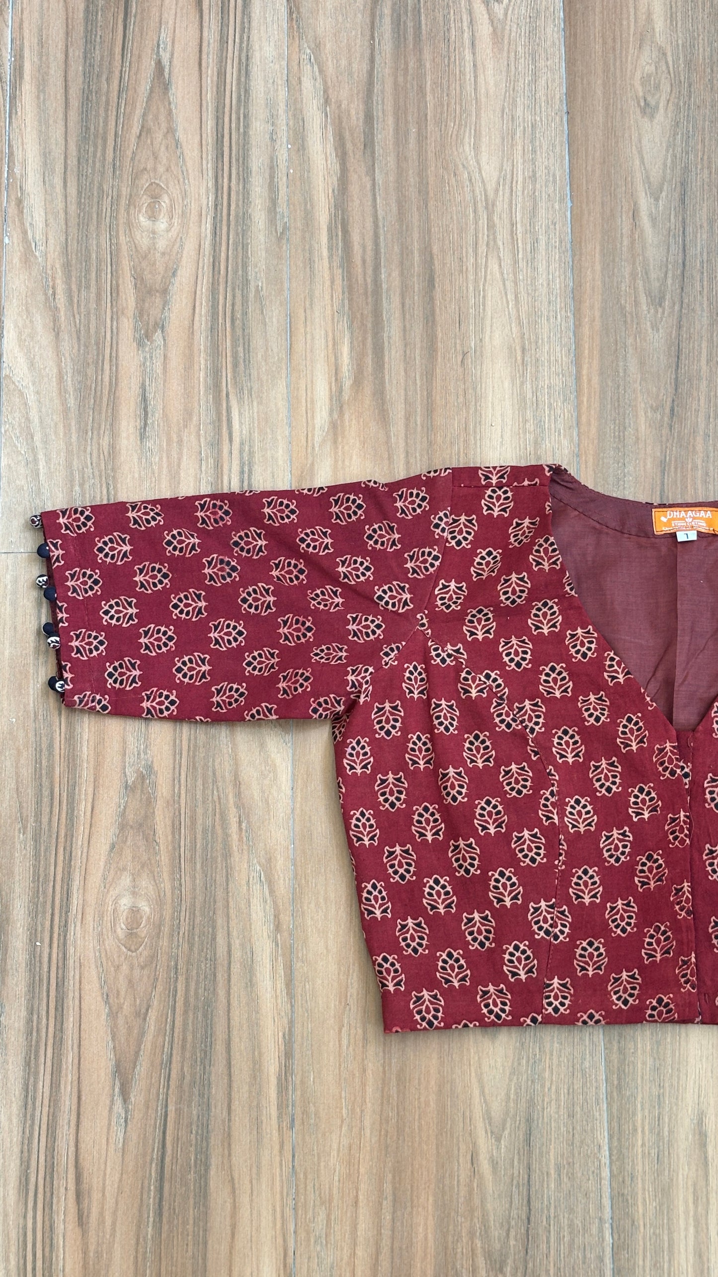 Dark Red Small Floral Motif Cotton 'V' Neck Blouse With Cotton Lining. For size chart refer to the last picture