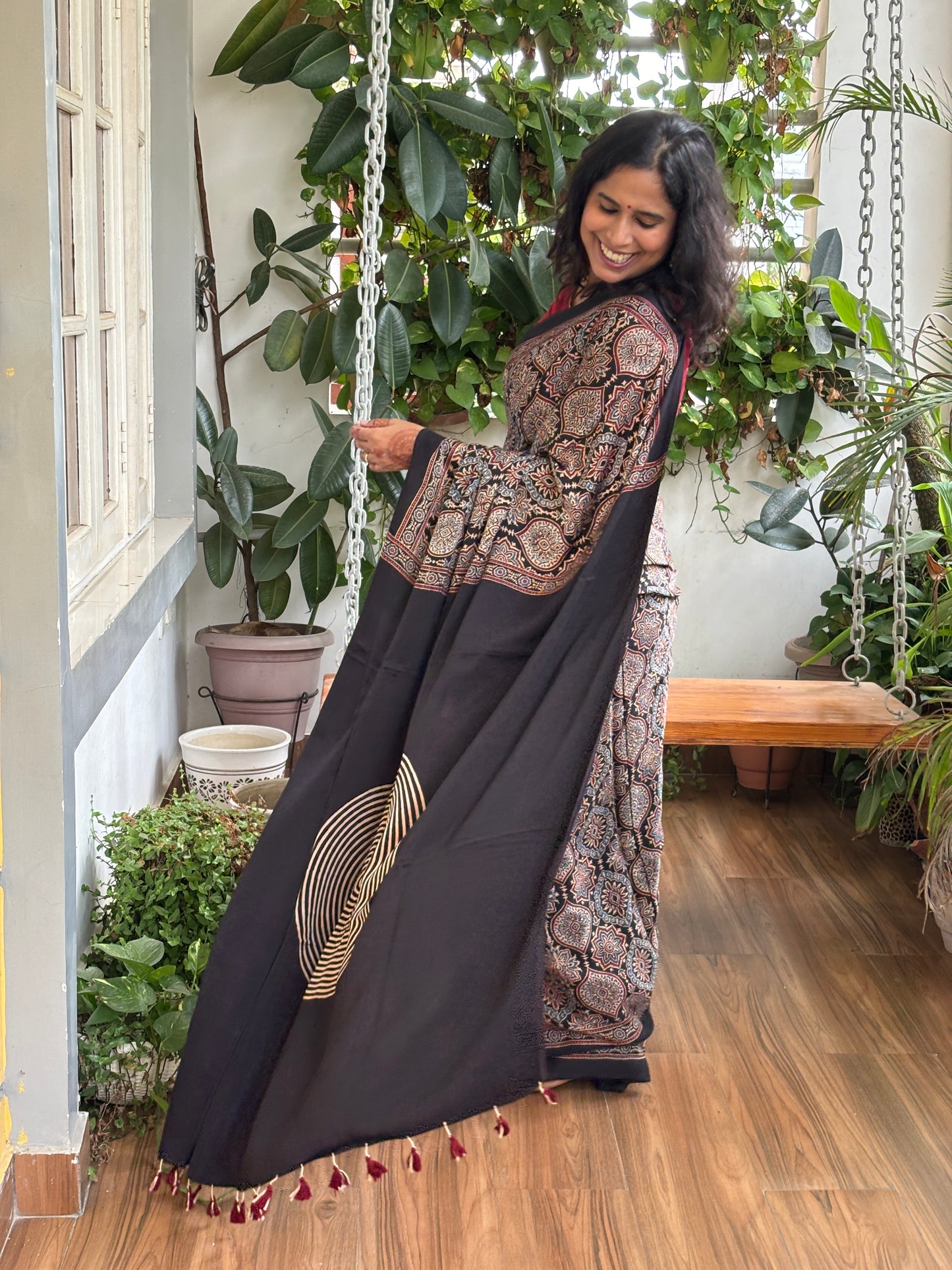 Mausam Ka Jaadu - Natural Dyed Black Colour Ajrakh Traditional Motif Saree with Contemporary Anchal