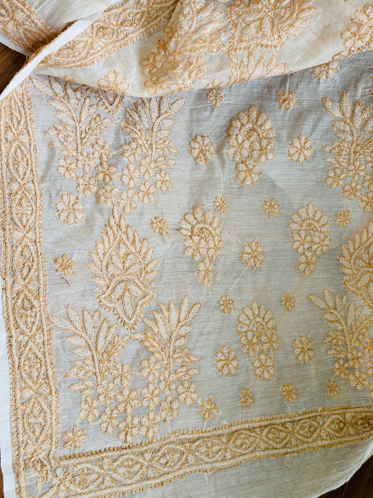 Light Beige Colour Chrushed Candri Cotton Chikankari Hand Embroidered Saree