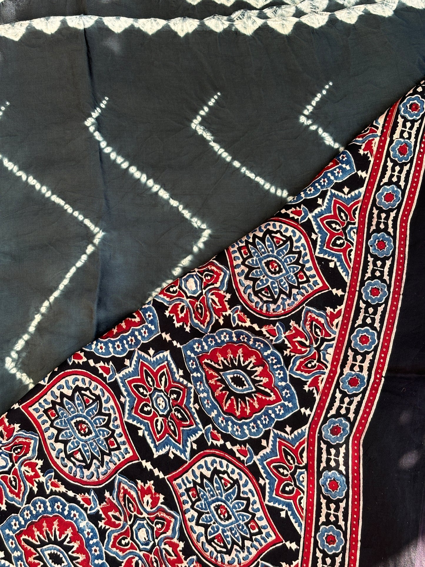 Kala Chasma Jachda - Needle Shibori Tie and Dye Pure Modal Saree With Ajrakh Hand Block Anchal and Blouse