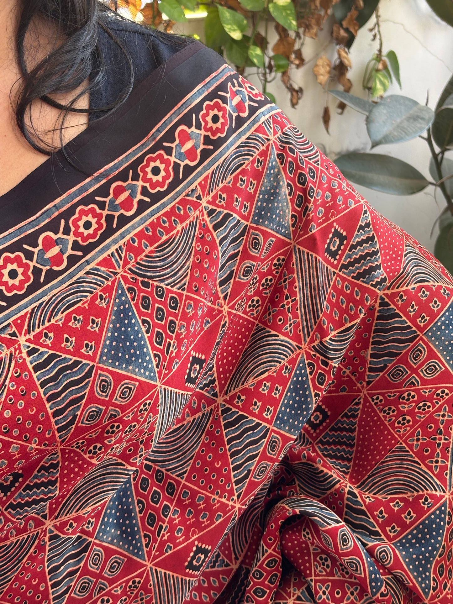 Scarlet Natural Dyed Contemporary Box Ajrakh Motif Premium Ajrakh Saree