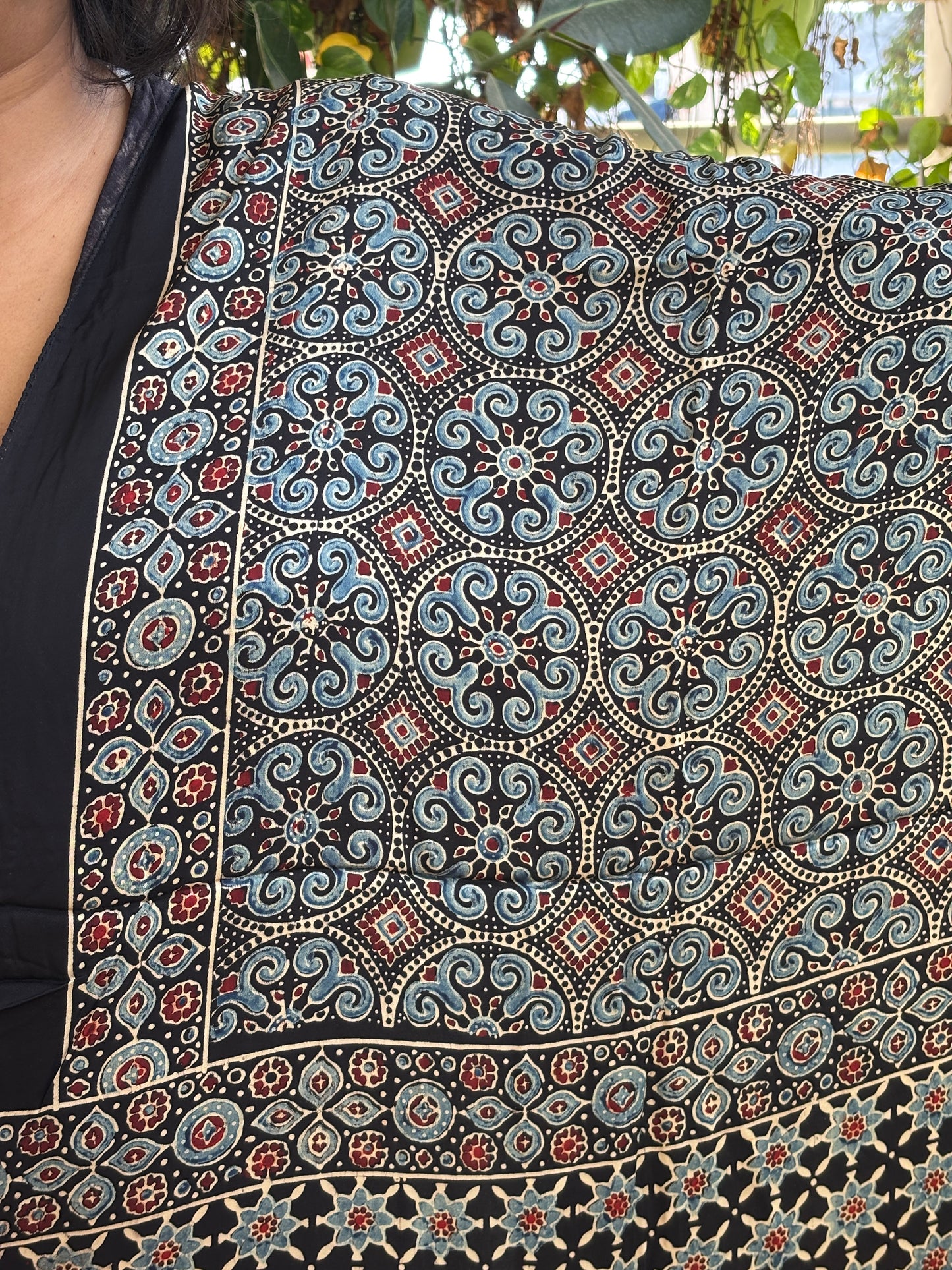 Indigo and Black Big Circular Motif Stole,ajrakh contemporary stole, closer view