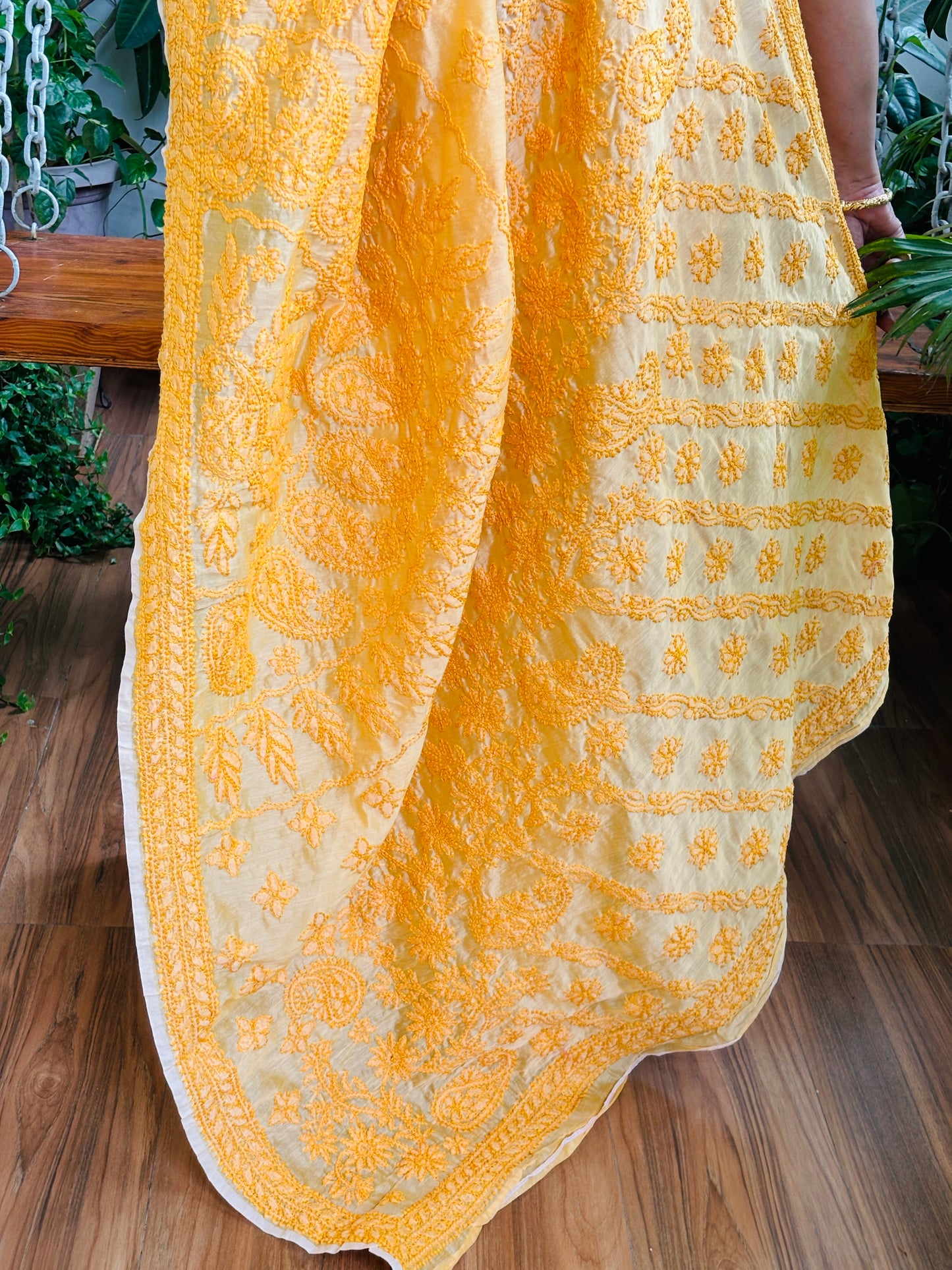 Yellow Light Chrushed Candri Cotton Chikankari Hand Embroidered Saree