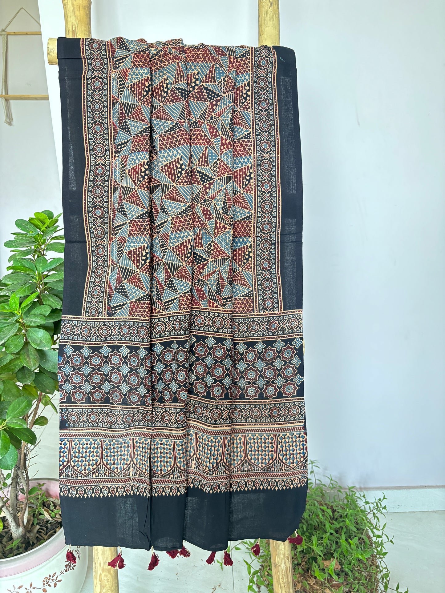 Ajrakh Cotton Dupatta- Natural Dyed Black Triangular Motif Contemporary Dupatta