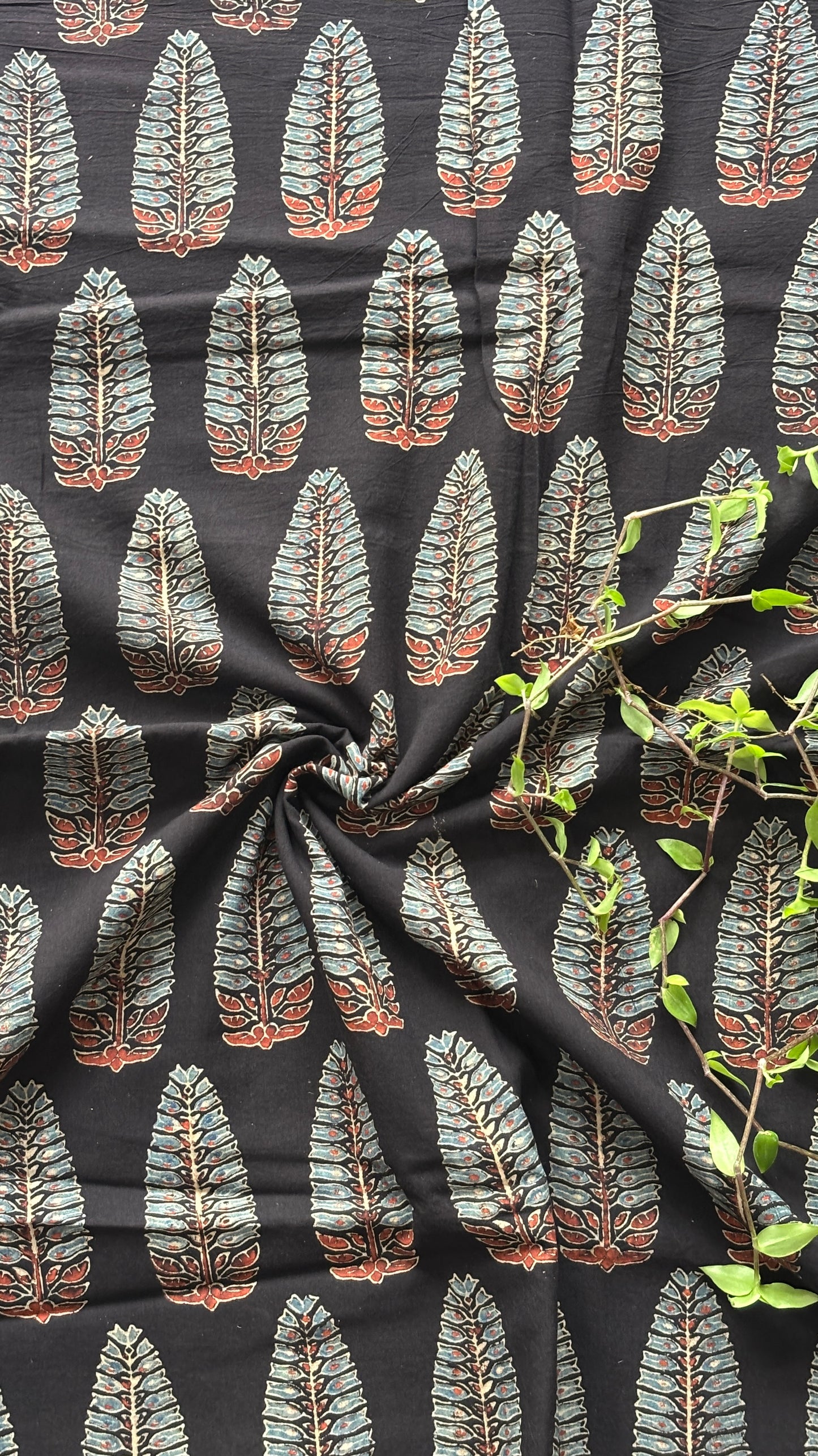 Natural Dyed Ajrakh Hand Block Printed organic cotton closer view