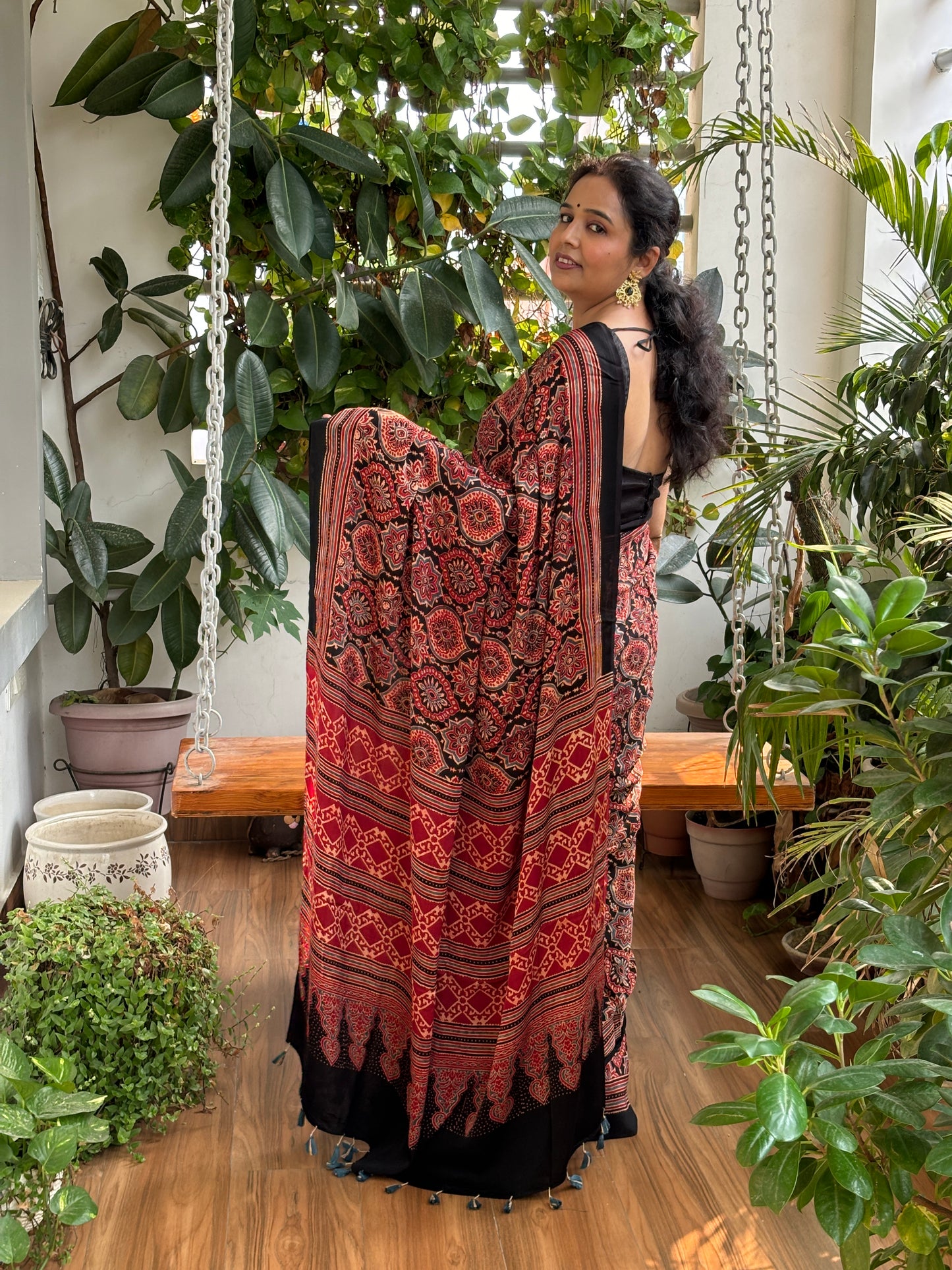 Black Coffee - Natural Dyed Ajrakh Balck and Madder Colour Badambuta Motif Modal Saree