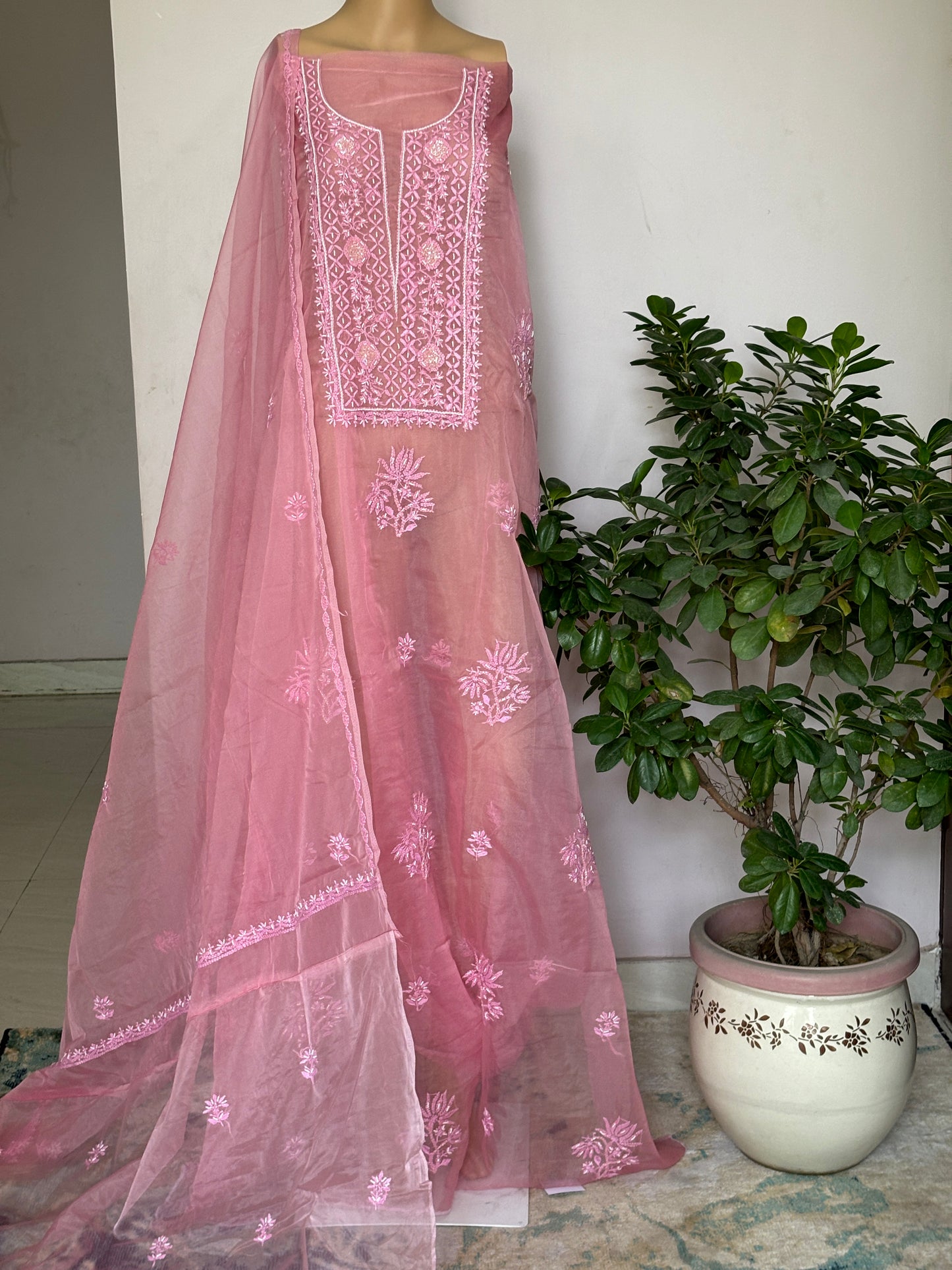 Pink Chikankari Hand Embroidered Shirt with Pearl and Cutdana Work on Organza Fabric