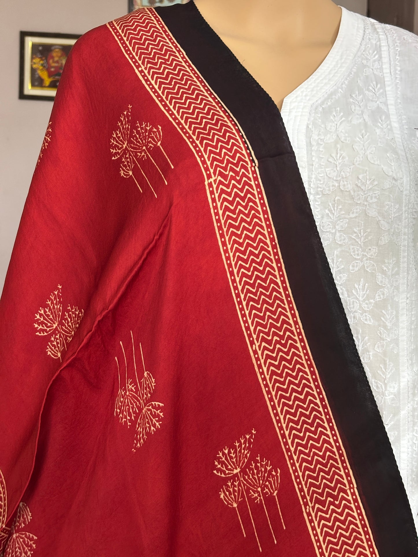 Madder Colour Natural Dyed Ajrakh Hand Block Printed Contemporary Modal Stole