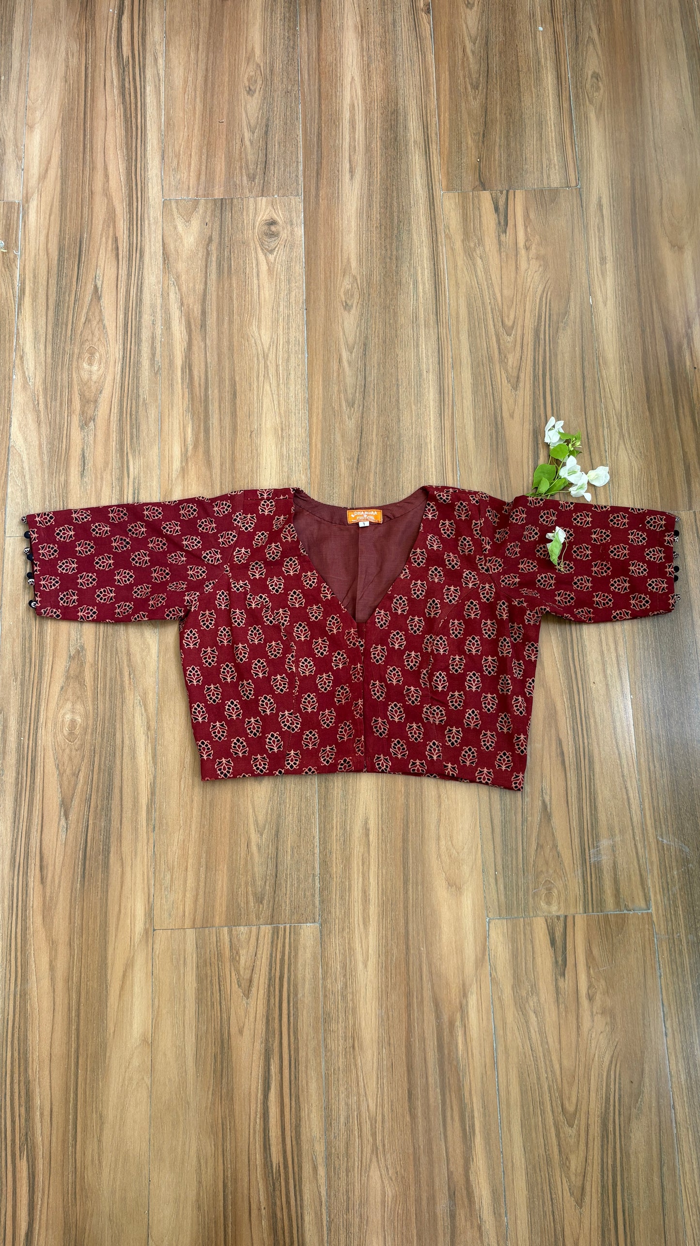 Dark Red Small Floral Motif Cotton 'V' Neck Blouse With Cotton Lining. For size chart refer to the last picture