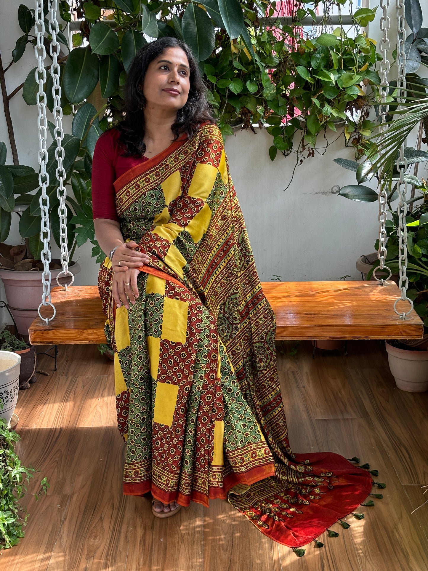 Rangilo Maro - Natural Dye Yellow and Green Modal Premium Saree Contemporary Motif