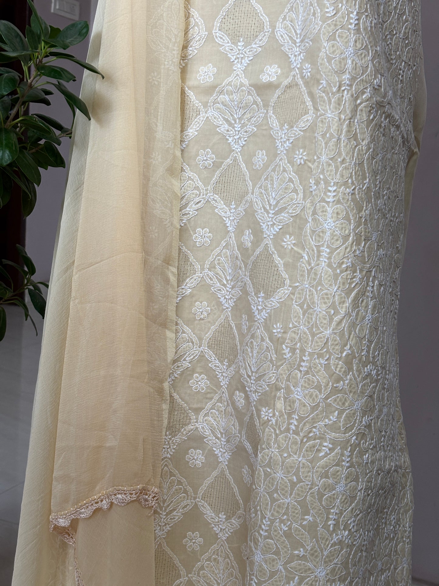 Beige Colour Chikankari Hand Embroidered Cotton Shirt, Bottom and Chiffon Dupatta