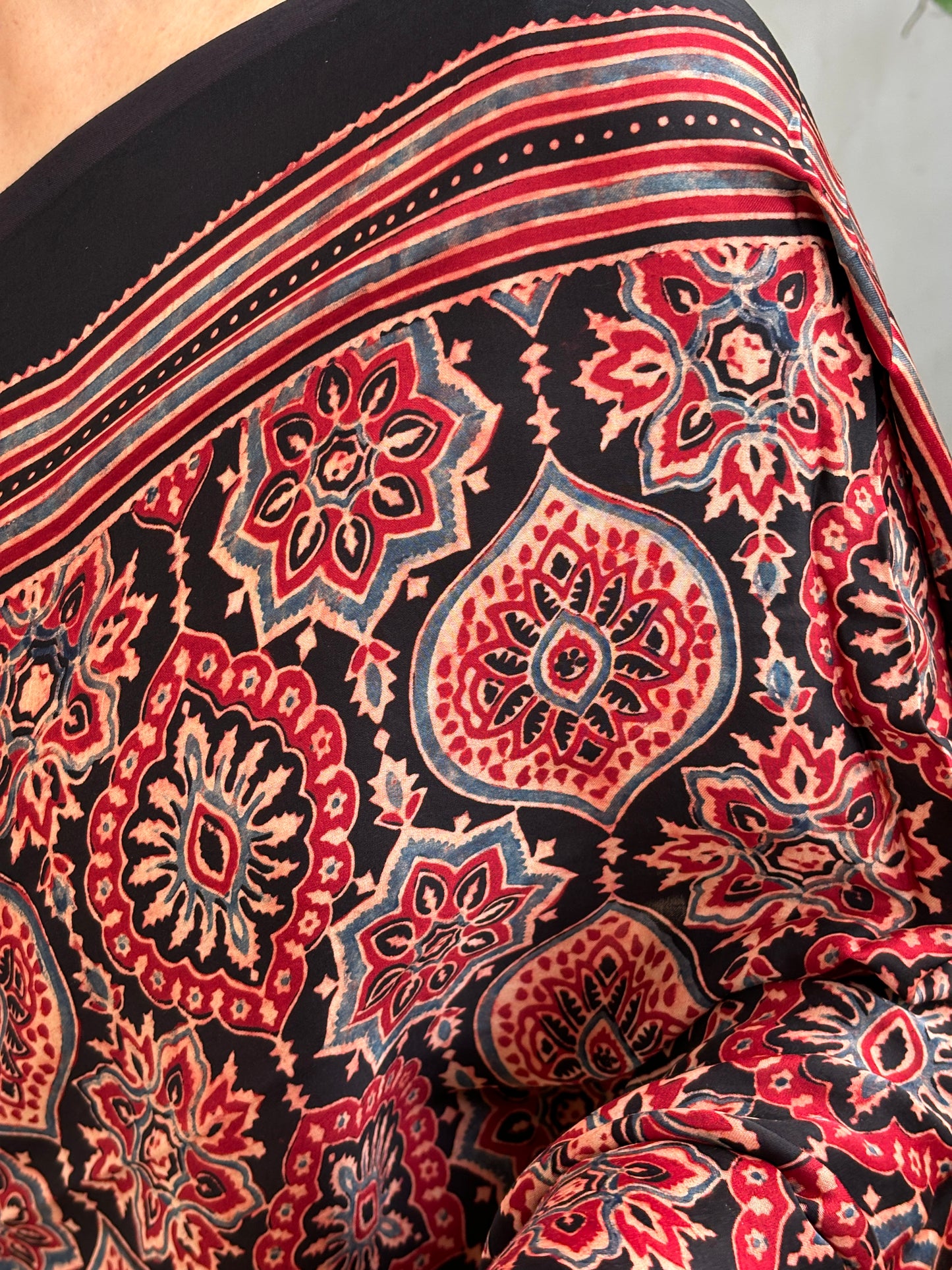 Black Coffee - Natural Dyed Ajrakh Balck and Madder Colour Badambuta Motif Modal Saree