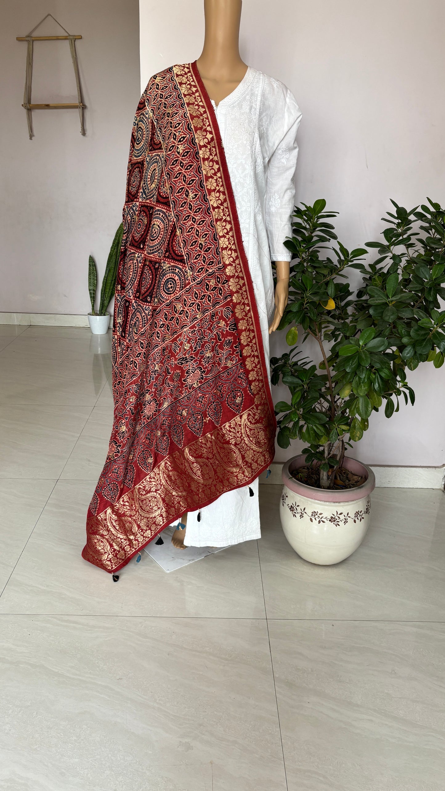 Natural Dyed Madder Colour - Hand Block Ajrakh Dola Silk Dupatta With Zari Weaved Border-2