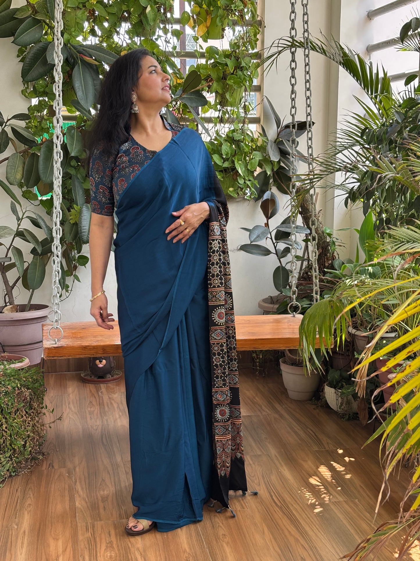 Sindhu - Blue Colur Body and Natural Dyed Ajrakh Anchal Premium Modal Saree