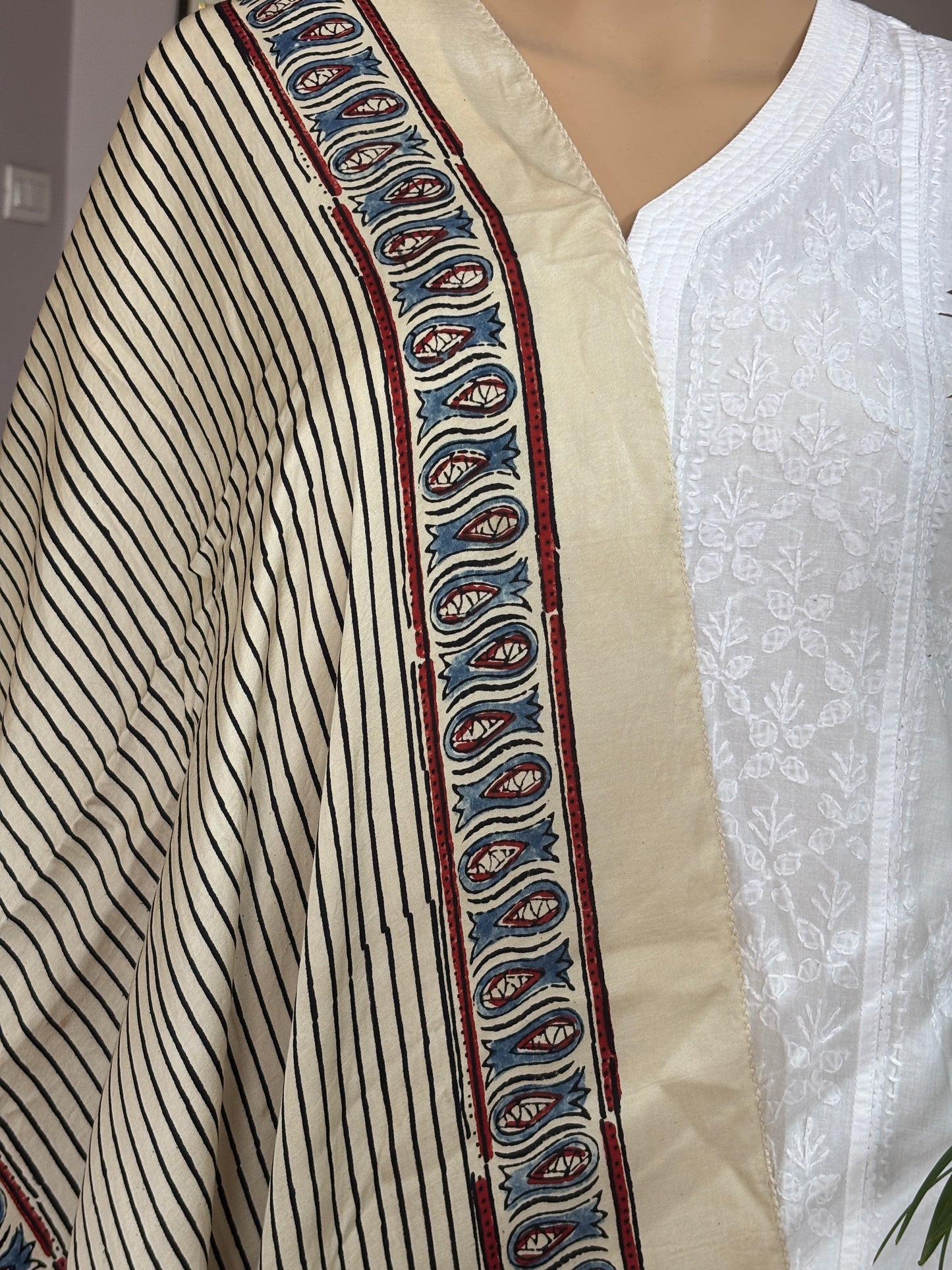 Pale Ivory Natural Dyed Ajrakh Hand Block Printed Contemporary Modal Stole