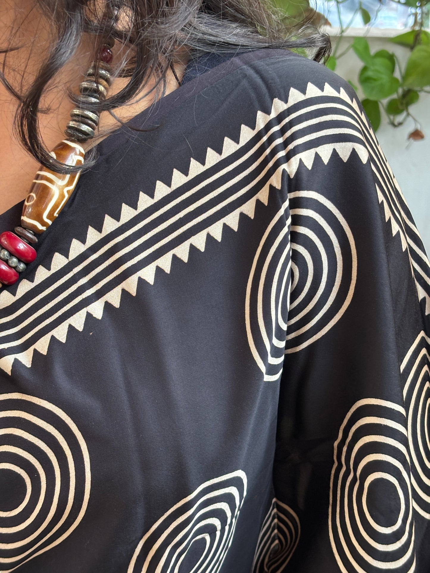 ajrakh saree, contemporary saree,closer view.