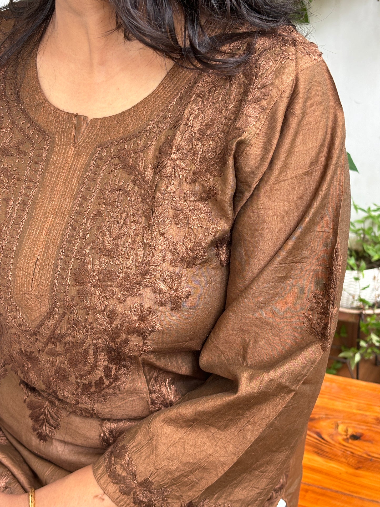 Coke Colour Chanderi Chikan Hand Embroidered Kurti