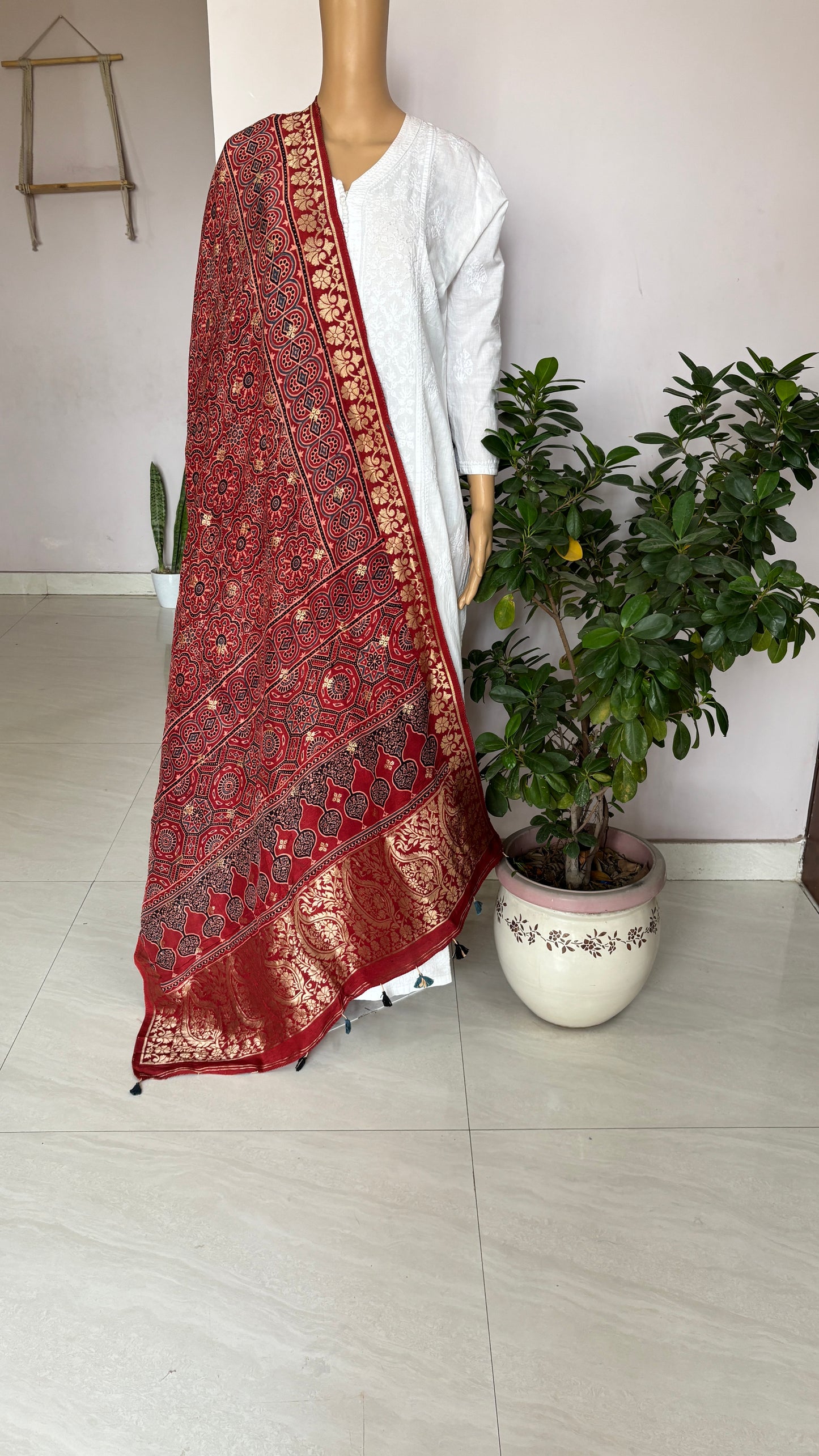 Natural Dyed Madder Colour - Hand Block Ajrakh Dola Silk Dupatta With Zari Weaved Border-5