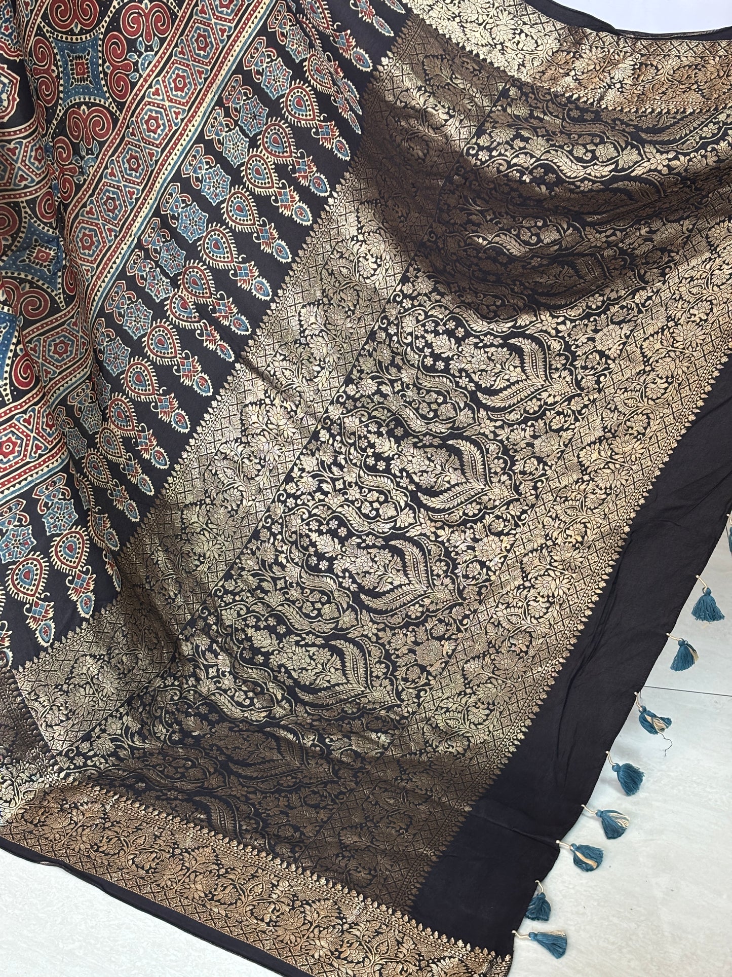 Black and madder Colour Ajrakh Saree In Dola Silk