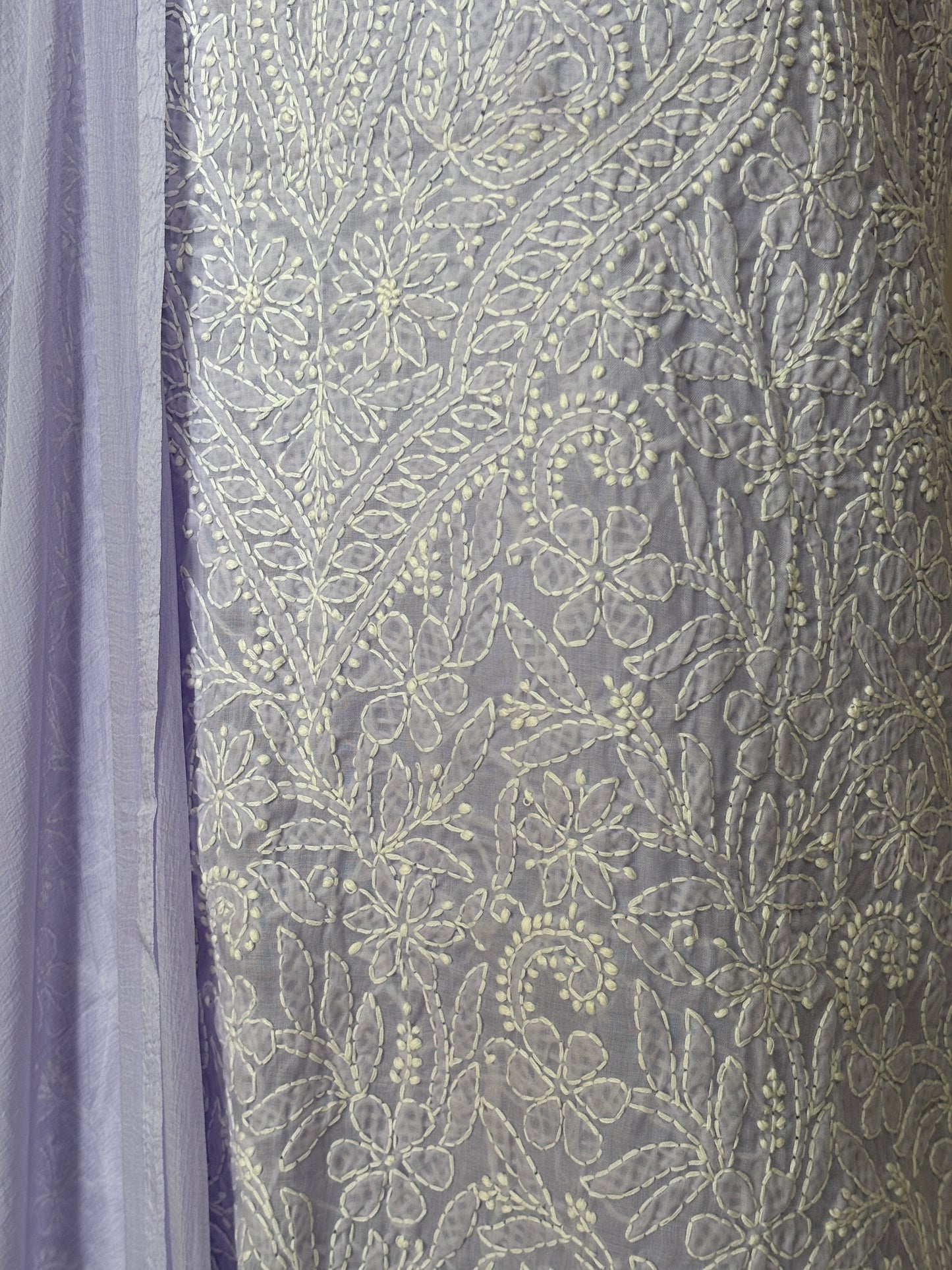 Purple Colour Chikankari Hand Embroidered Cotton Shirt, Bottom and Chiffon Dupatta