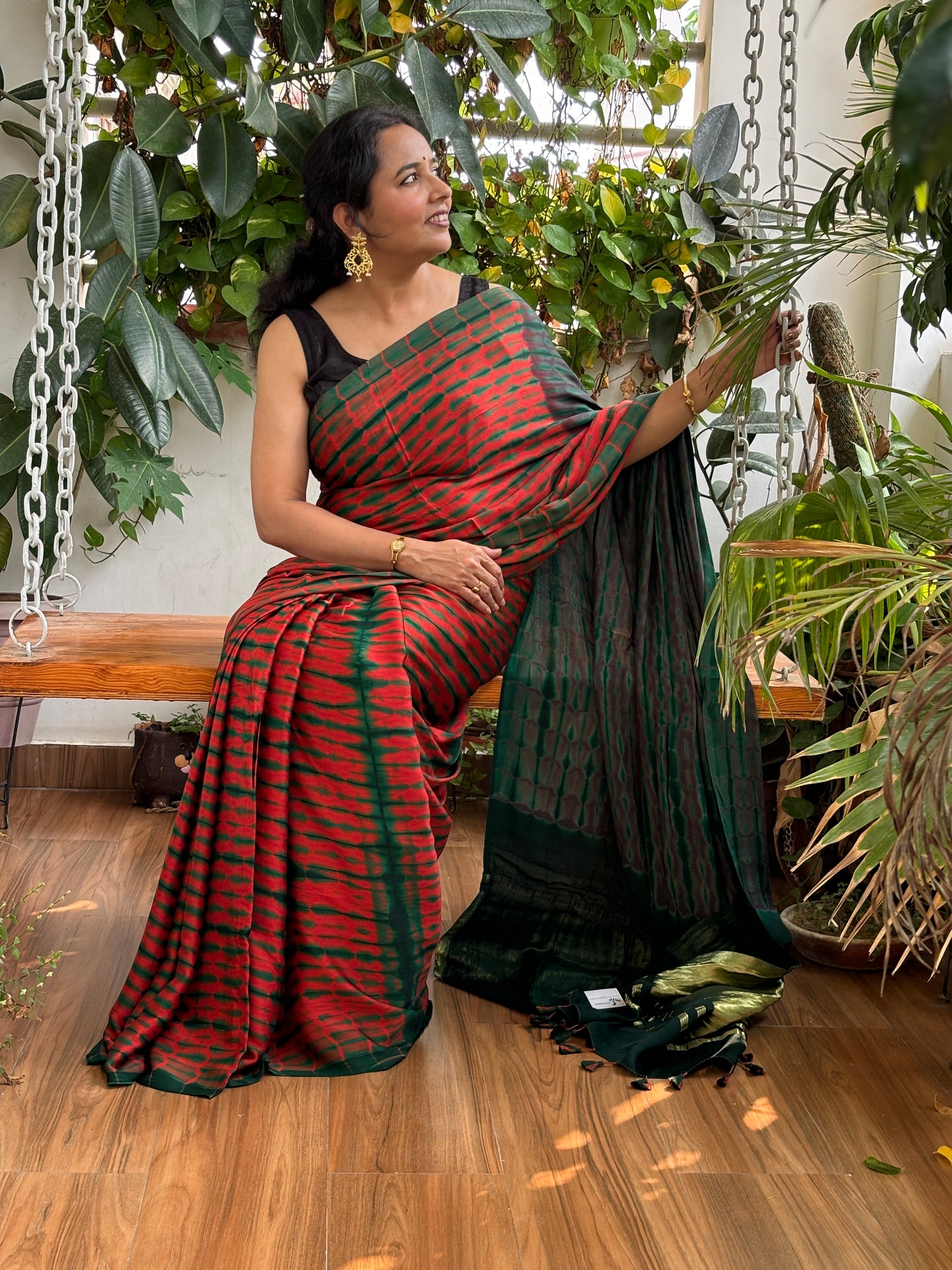 Bamboo Grass - Hand Shibori Tie and Dye Pure Modal Saree With Lakdi Patta Anchal