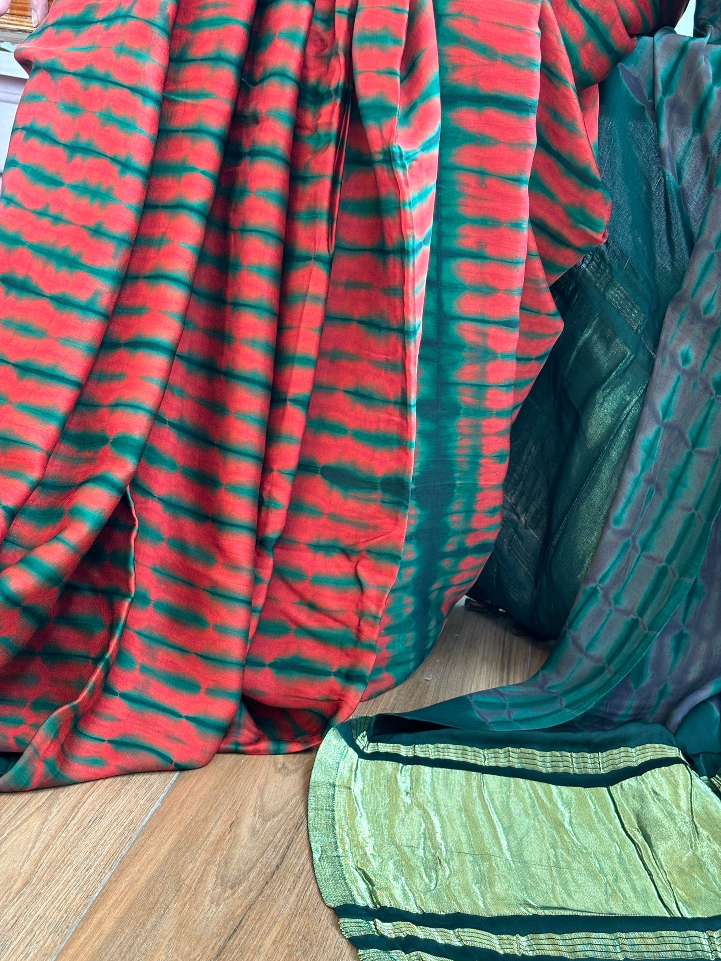 Bamboo Grass - Hand Shibori Tie and Dye Pure Modal Saree With Lakdi Patta Anchal