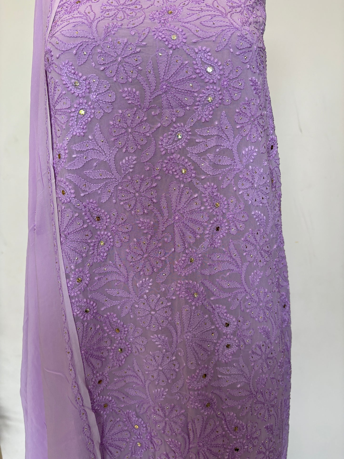 Lavender Colour Intricate Chikankari Hand Embroidered Shirt and Dupatta Fabric Adorned With Mukaish Work