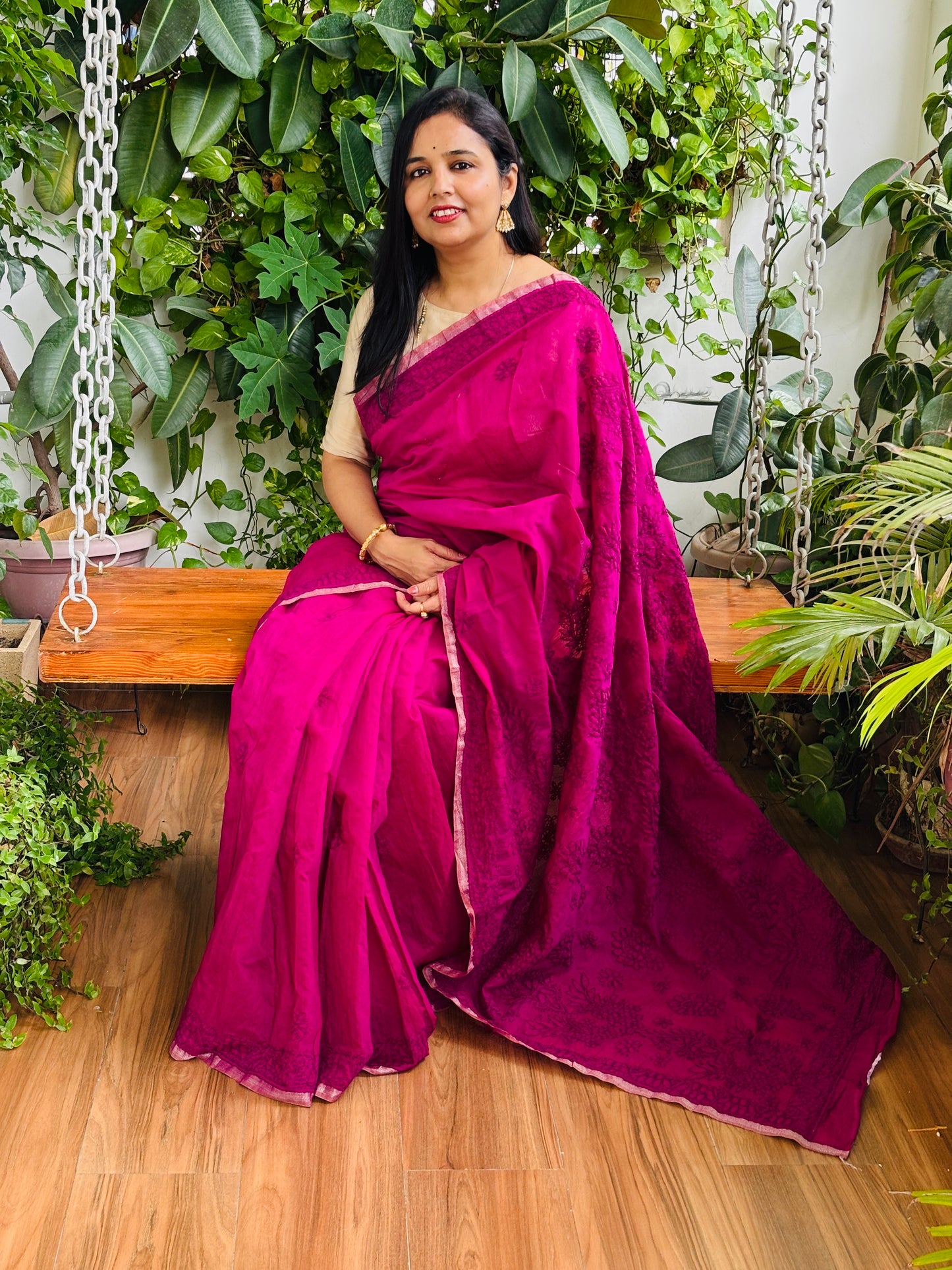 Magenta Colour Chrushed Candri Cotton Chikankari Hand Embroidered Saree