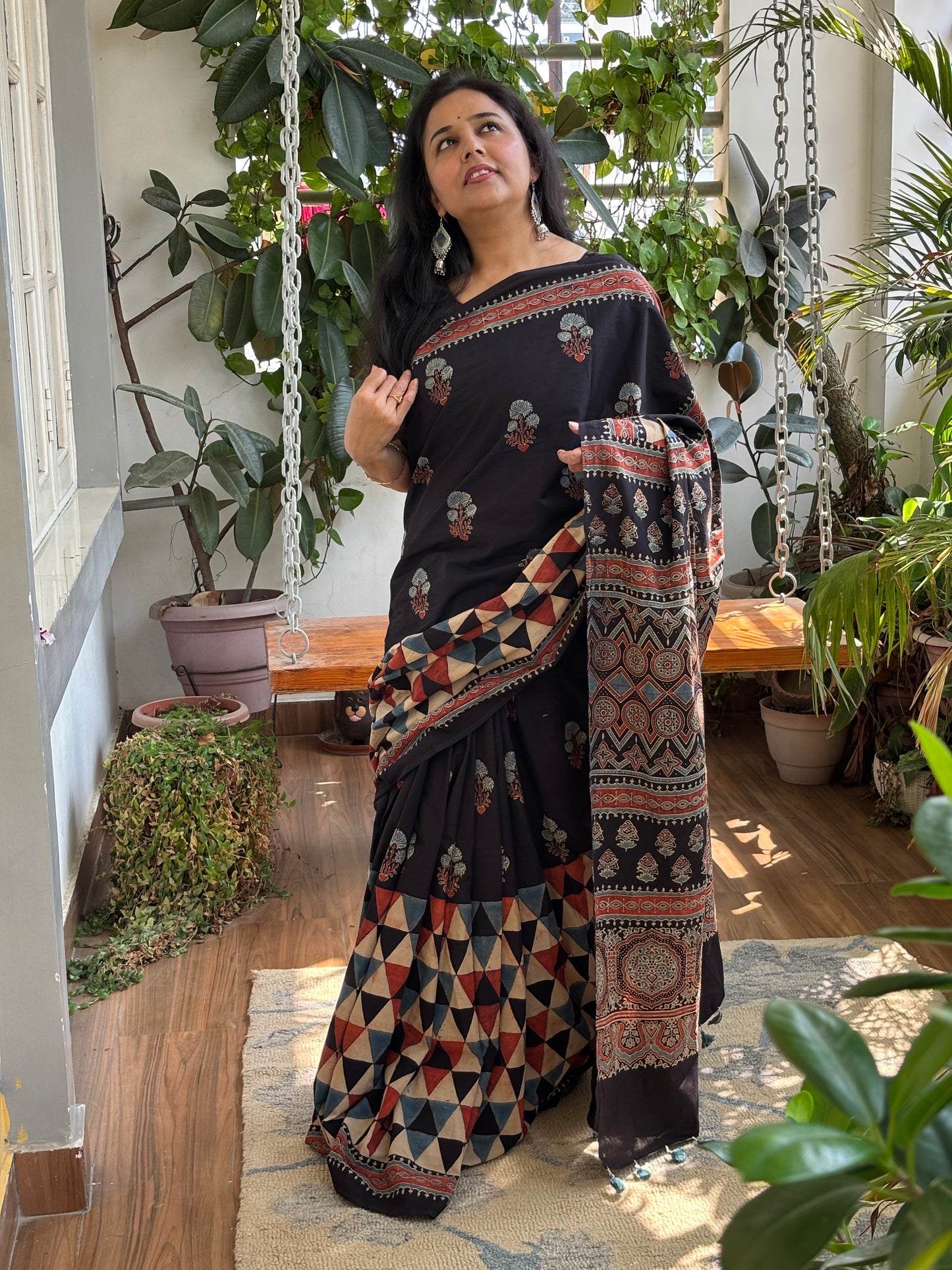 Organic Cotton Ajrakh Hand Block Printed Contemporary Saree