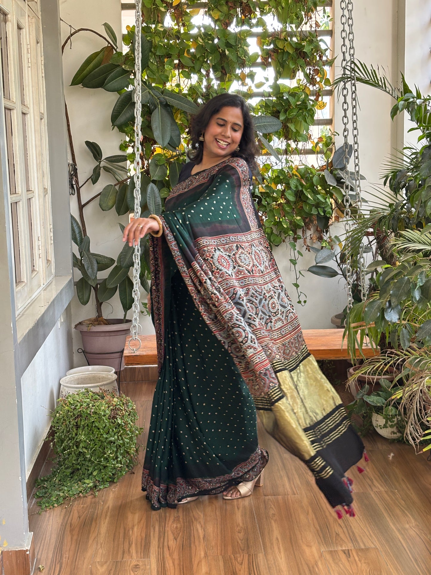 Hara Bhara - Hand Bandhej Body and Ajrakh Hand Block Anchal and Border Modal Gaji Silk Saree