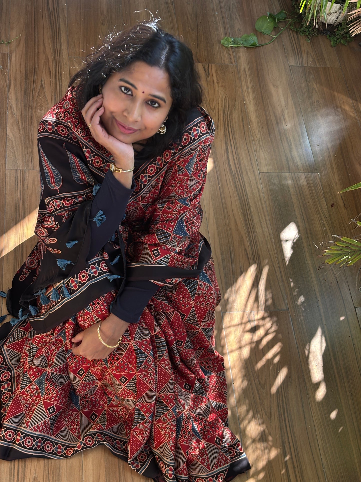 Scarlet Natural Dyed Contemporary Box Ajrakh Motif Premium Ajrakh Saree