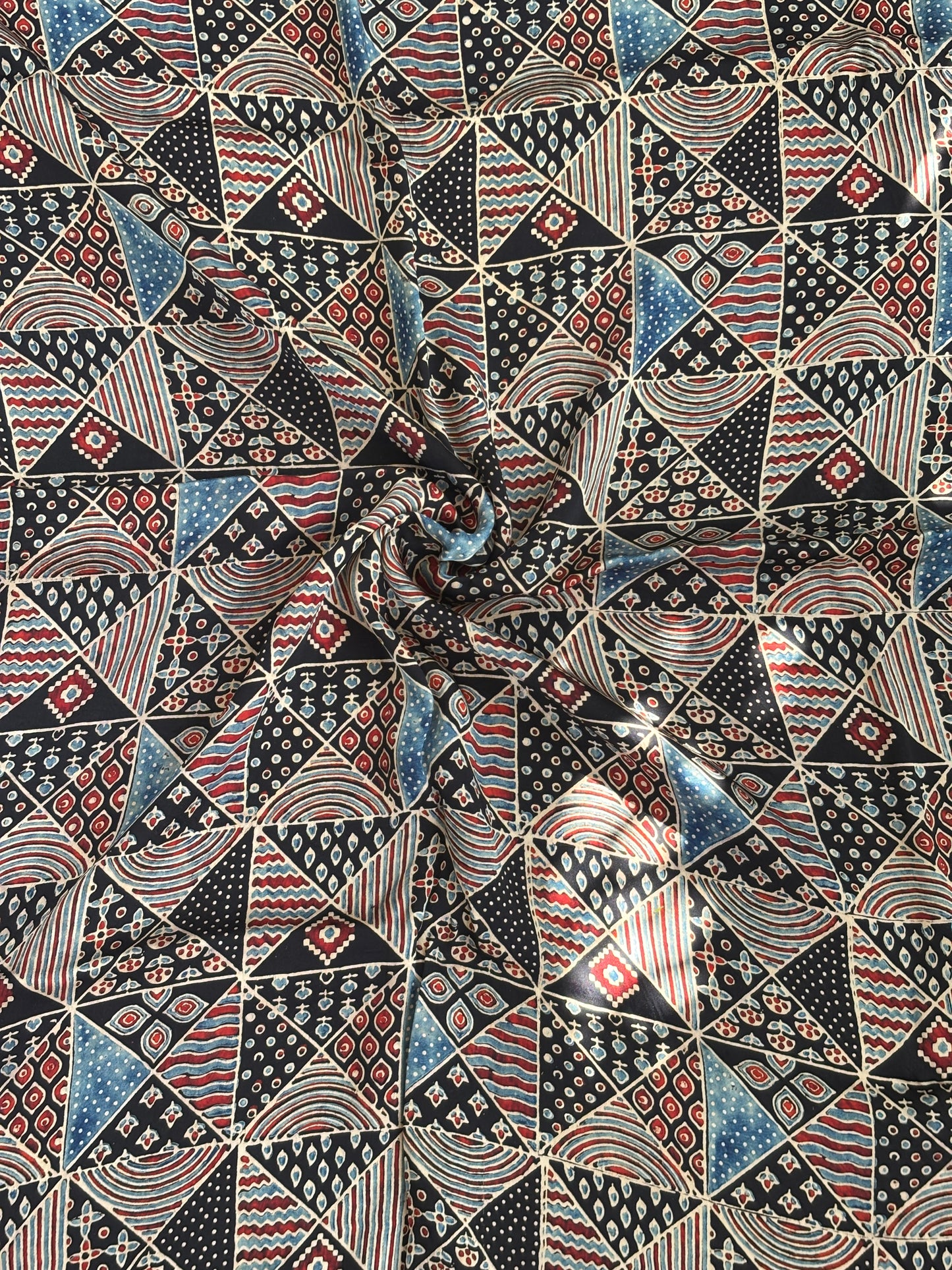 Contemporary Block Printed Fabric, black ajrakh fabric, closer view.
