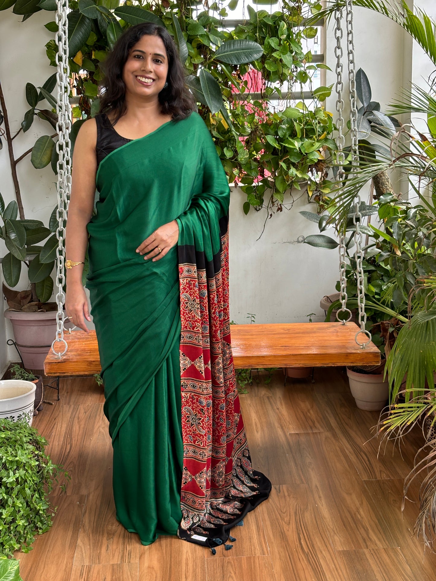 Foliage Affairs - Green Solid Colur Body With Natural Dyed Red Ajrakh Anchal and Blouse