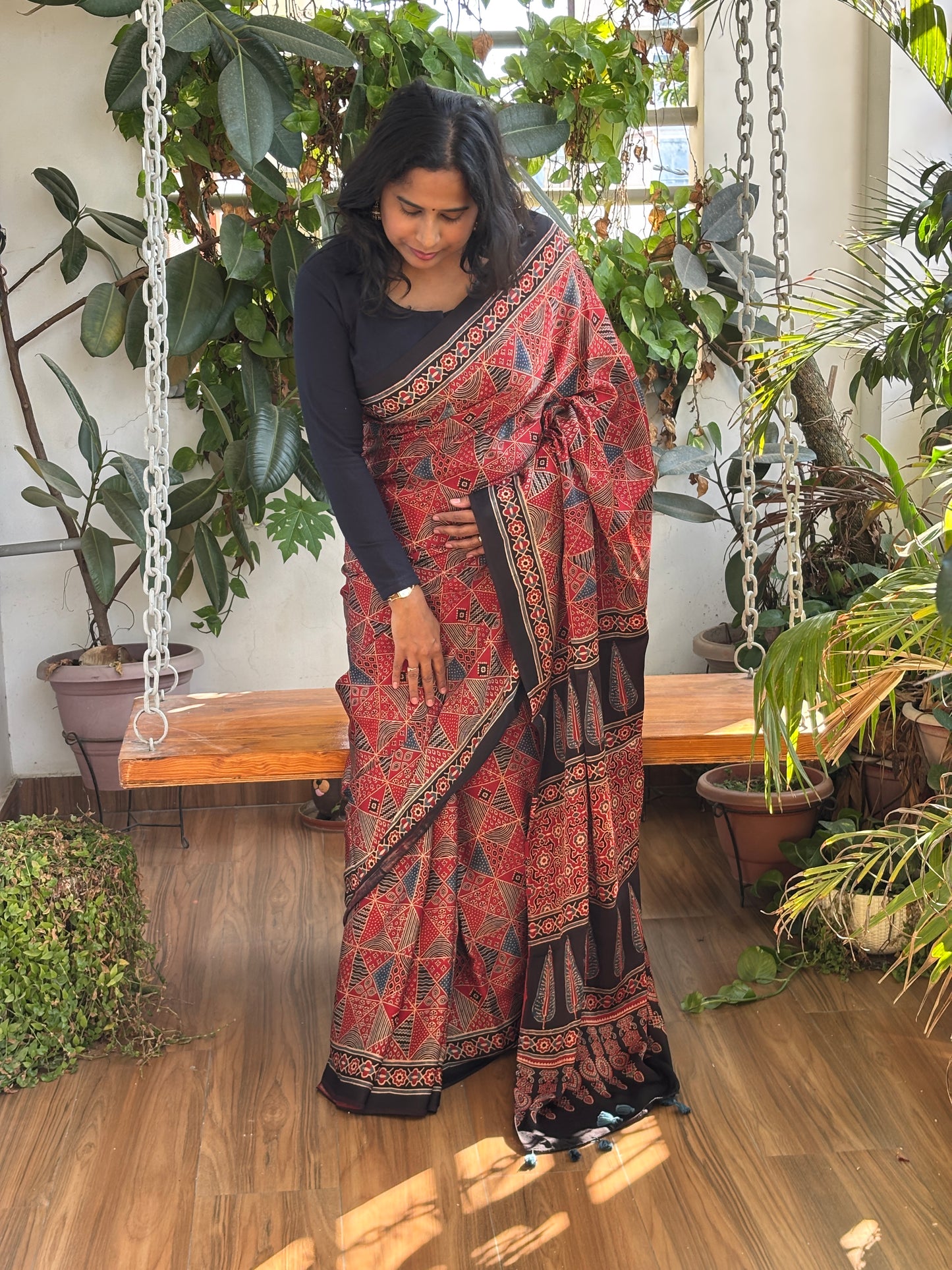 Scarlet Natural Dyed Contemporary Box Ajrakh Motif Premium Ajrakh Saree