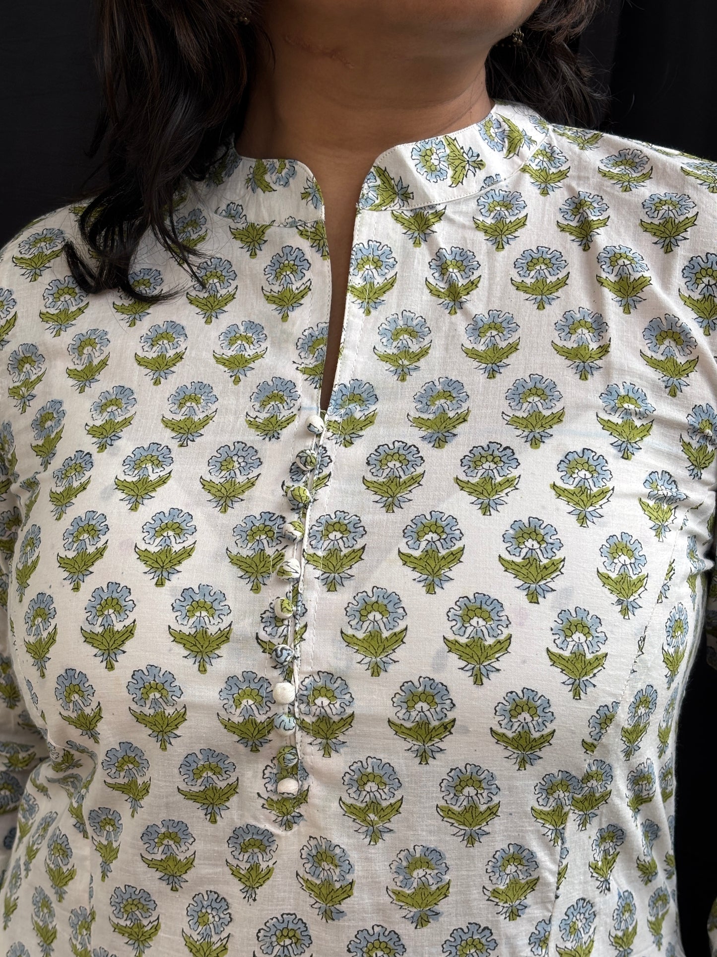 Sangeneri Block Printed A-Line White Cotton Long Kurti