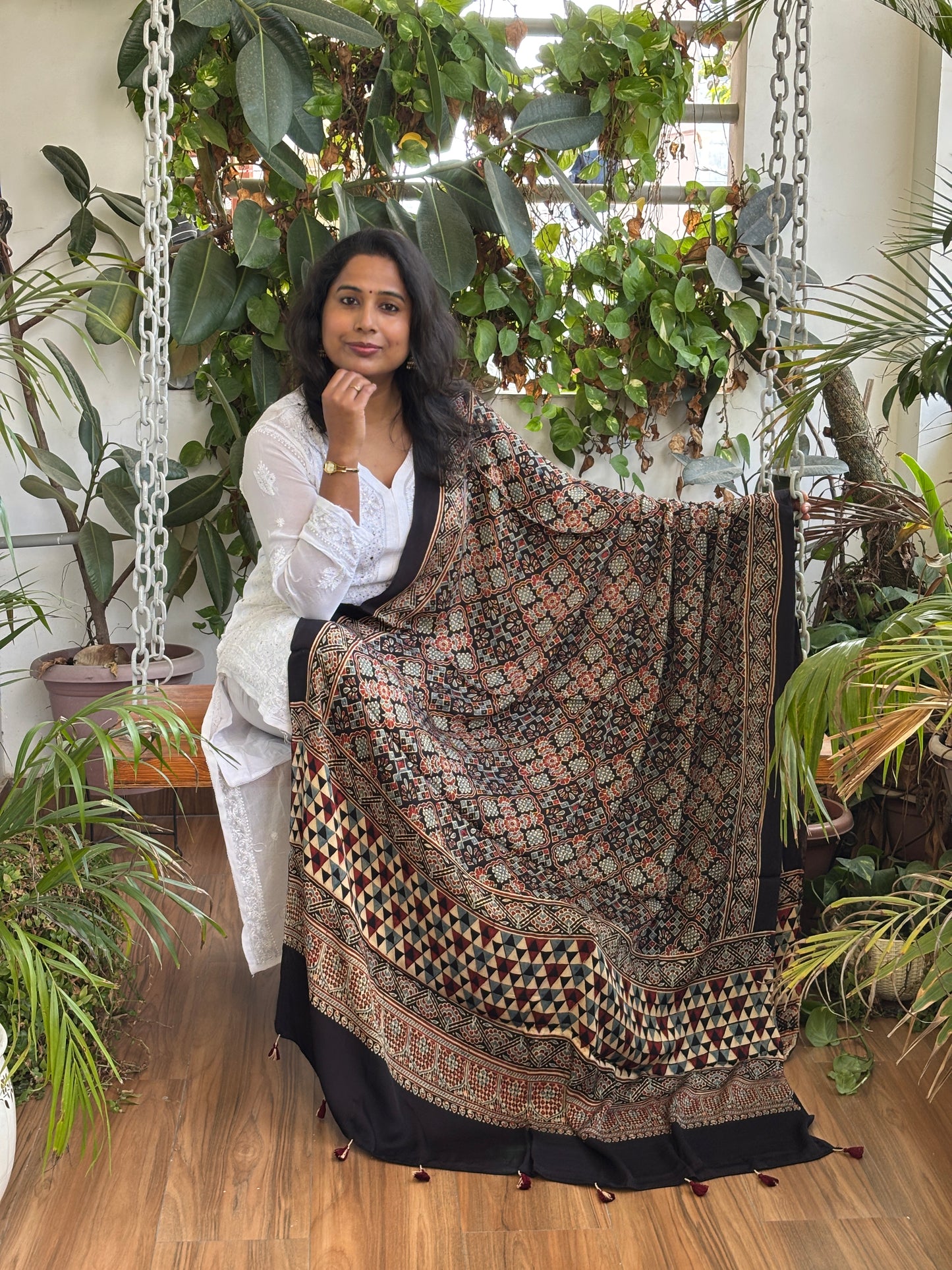 Ajrakh Hand Block Printed Black Colour Square Floral Motif Dupatta