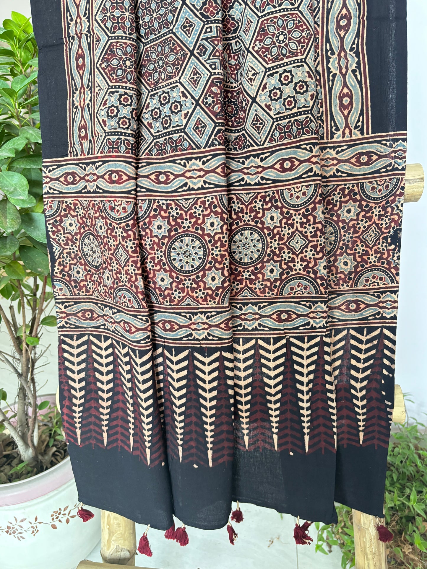 Ajrakh Cotton Dupatta- Natural Dyed Black Colour Hexagon Motif Contemporary Dupatta