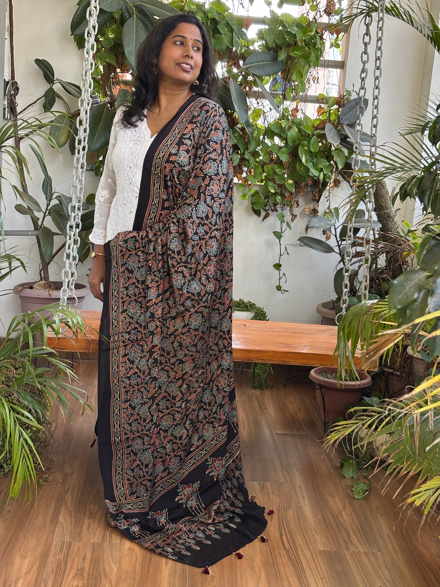 Ajrakh Hand Block Printed Black Colour Floral Jaal Motif Modal Dupatta
