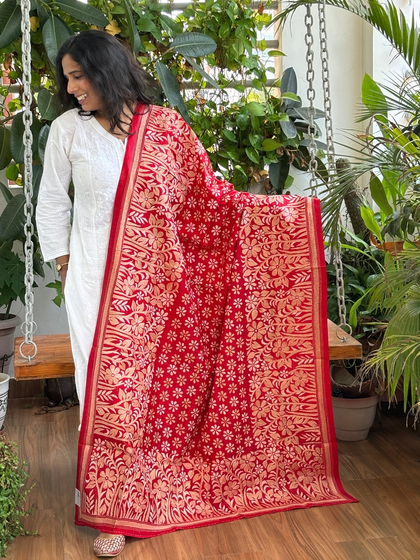 Red Colour Kantha Hand Embroidered Pure silk Dupatta