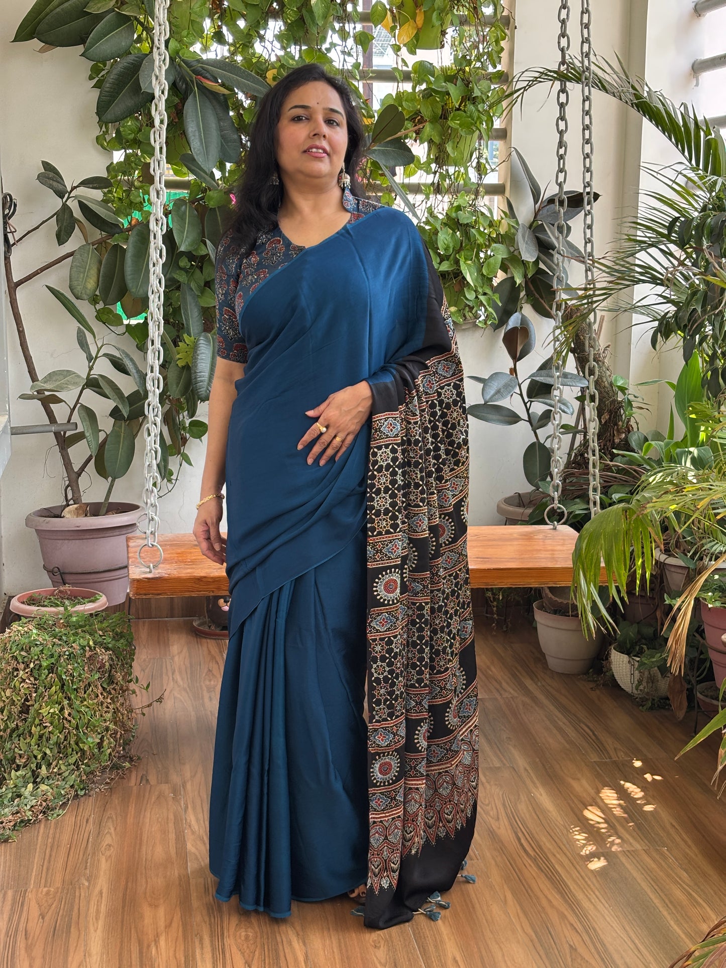Sindhu - Blue Colur Body and Natural Dyed Ajrakh Anchal Premium Modal Saree