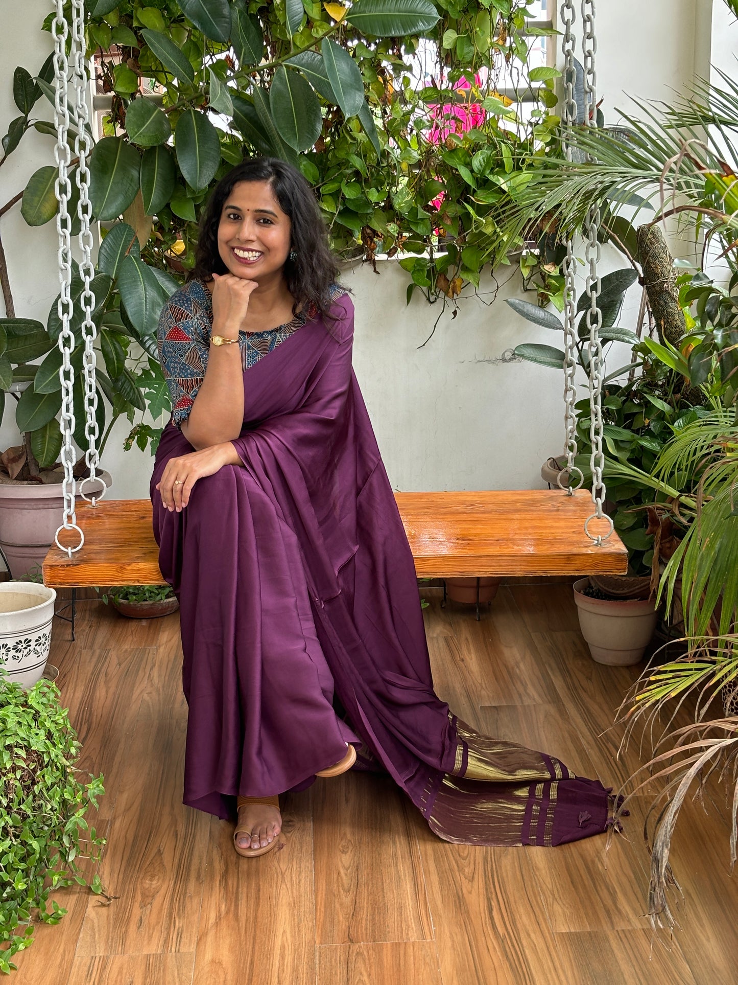 Wine Colour Modal Plain Saree With Lagdi Palla (Will be available in 6 days again)