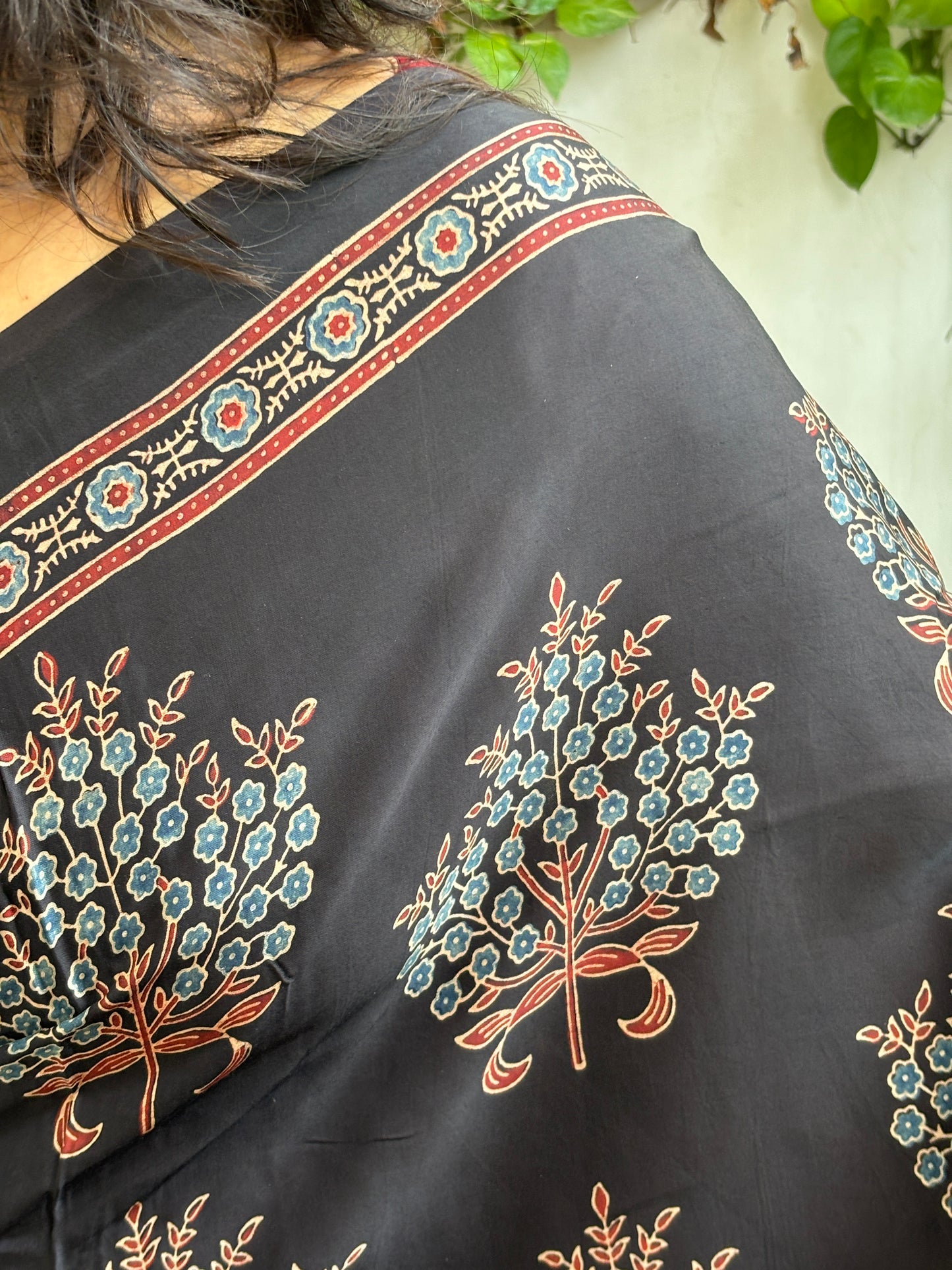 Vatika - Natural Dyed Black Colour Ajrakh Shrub Motif Modal Saree
