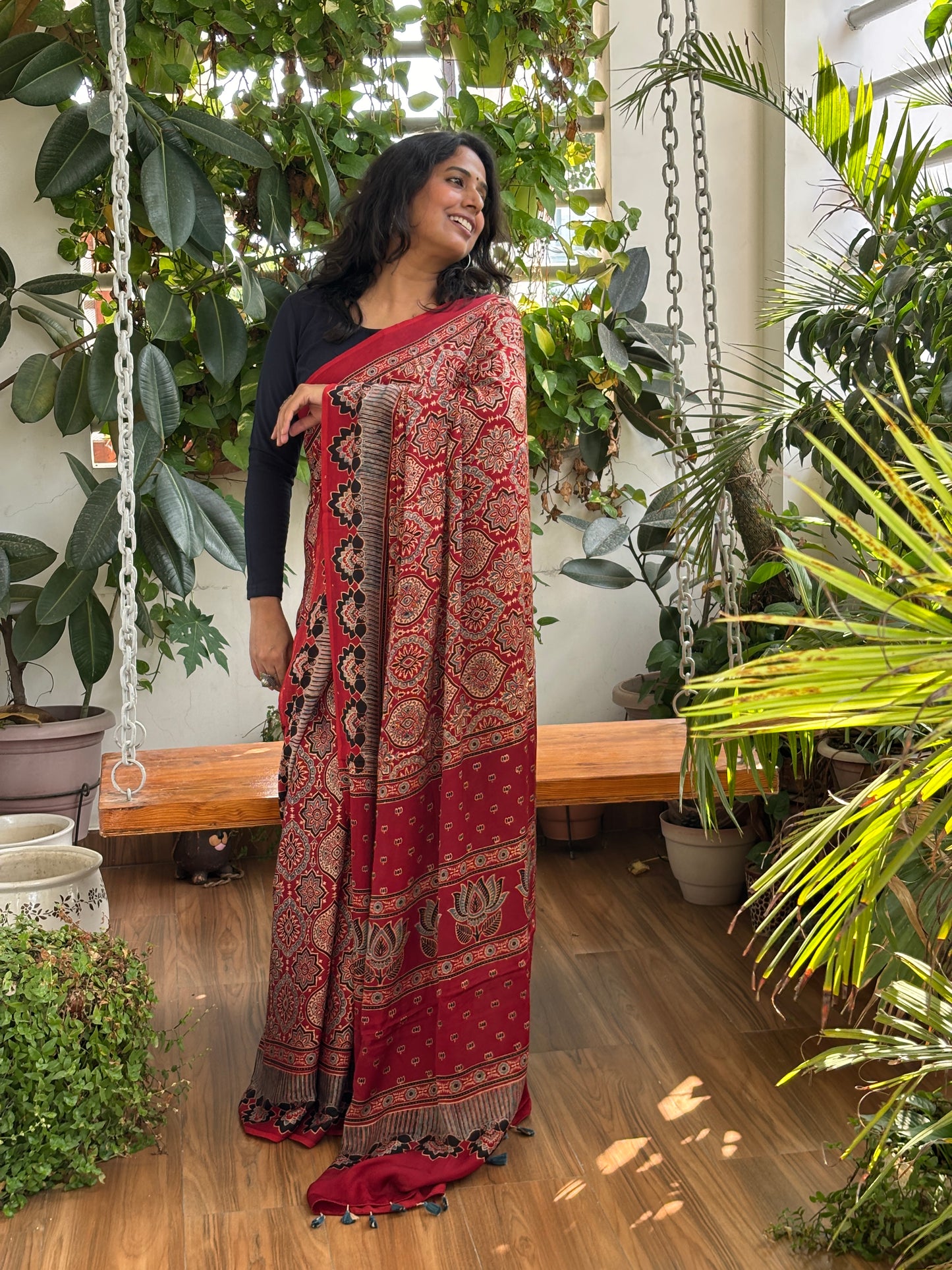 Evergreen Charming Red - Natural Dyed Madder Colour Traditional Motif with Contemporary Anchal Modal Saree