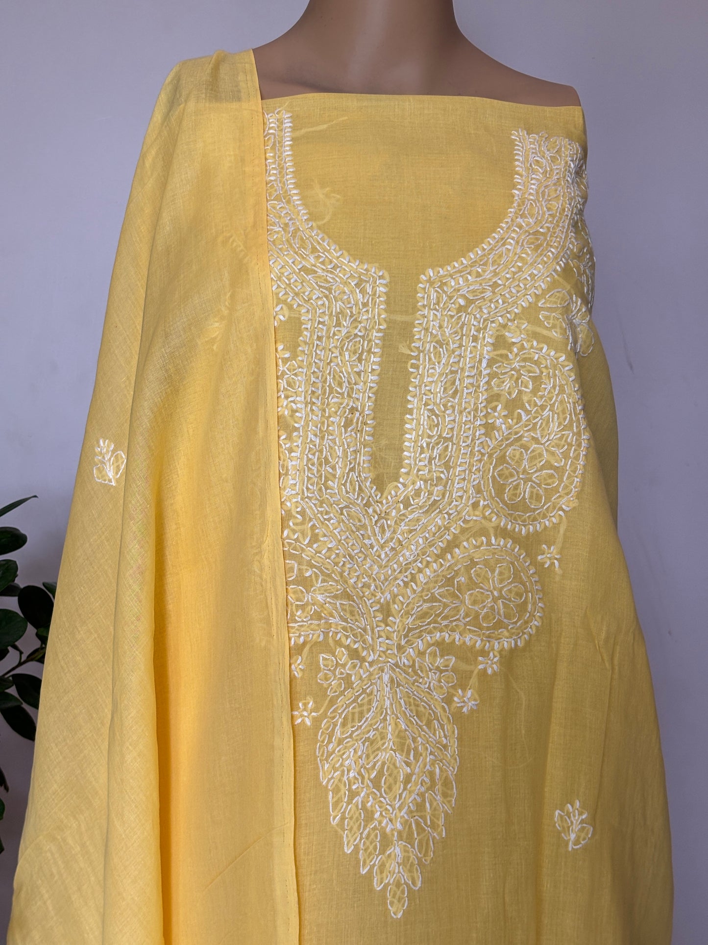 Yellow Chikankari Hand Embroidered Shirt, Bottom and Dupatta Fabric in Cotton