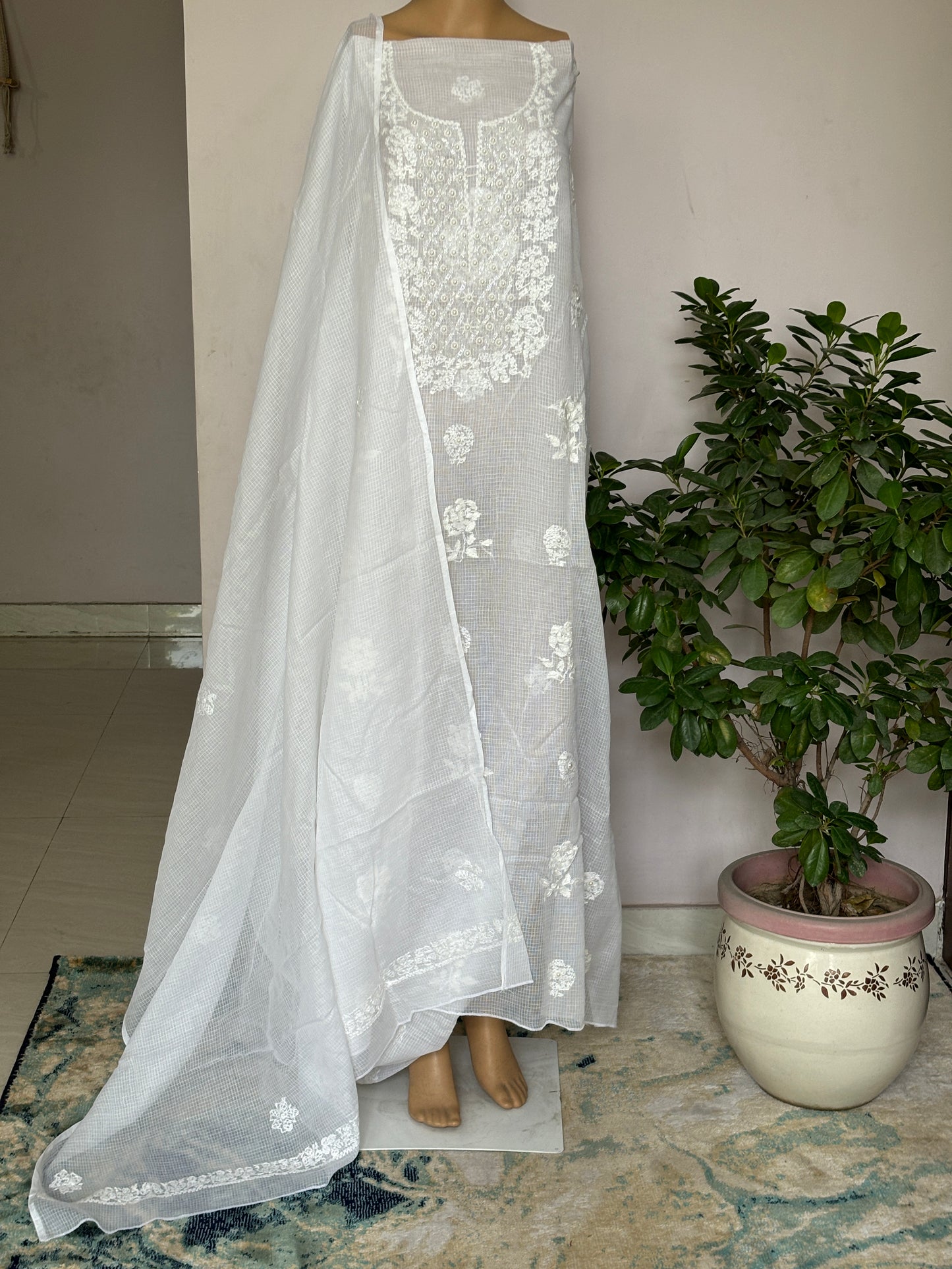 White Intricate Chikankari Hand Embroidered Shirt with Pearl and Cutdana Work on Pure Cotton Kota Fabric