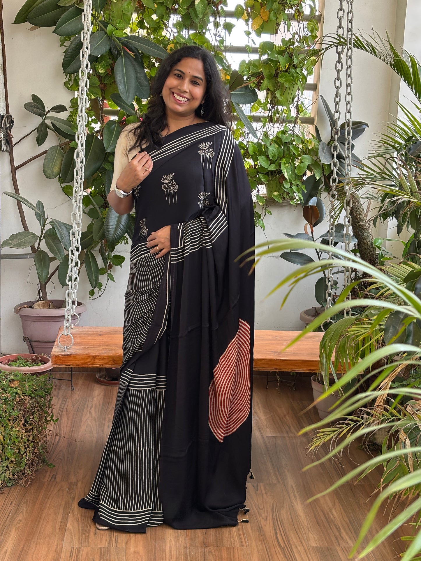 Baton Baton Mein - Natural Dyed Black Colour Contemporary Ajrakh Modal Saree