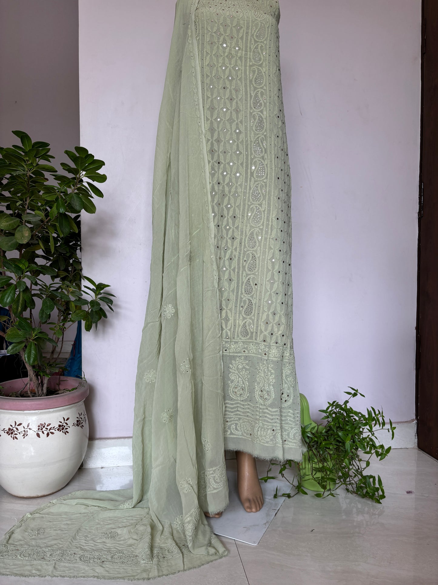 Greenish Olive Intricate Chikankari Hand Embroidered Shirt and Dupatta Fabric Adorned With Mukaish