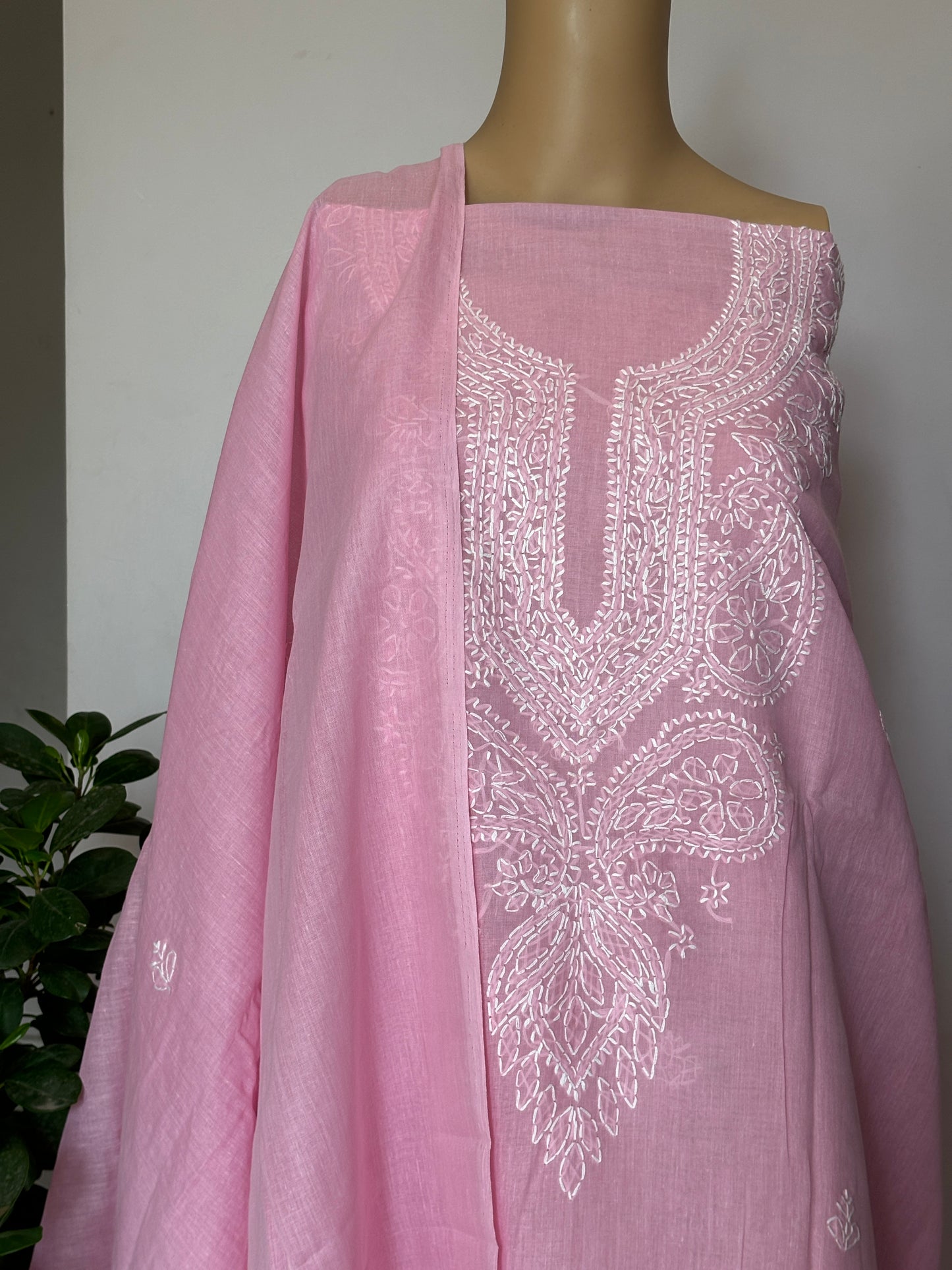 Baby Pink Chikankari Hand Embroidered Shirt, Bottom and Dupatta Fabric in Cotton