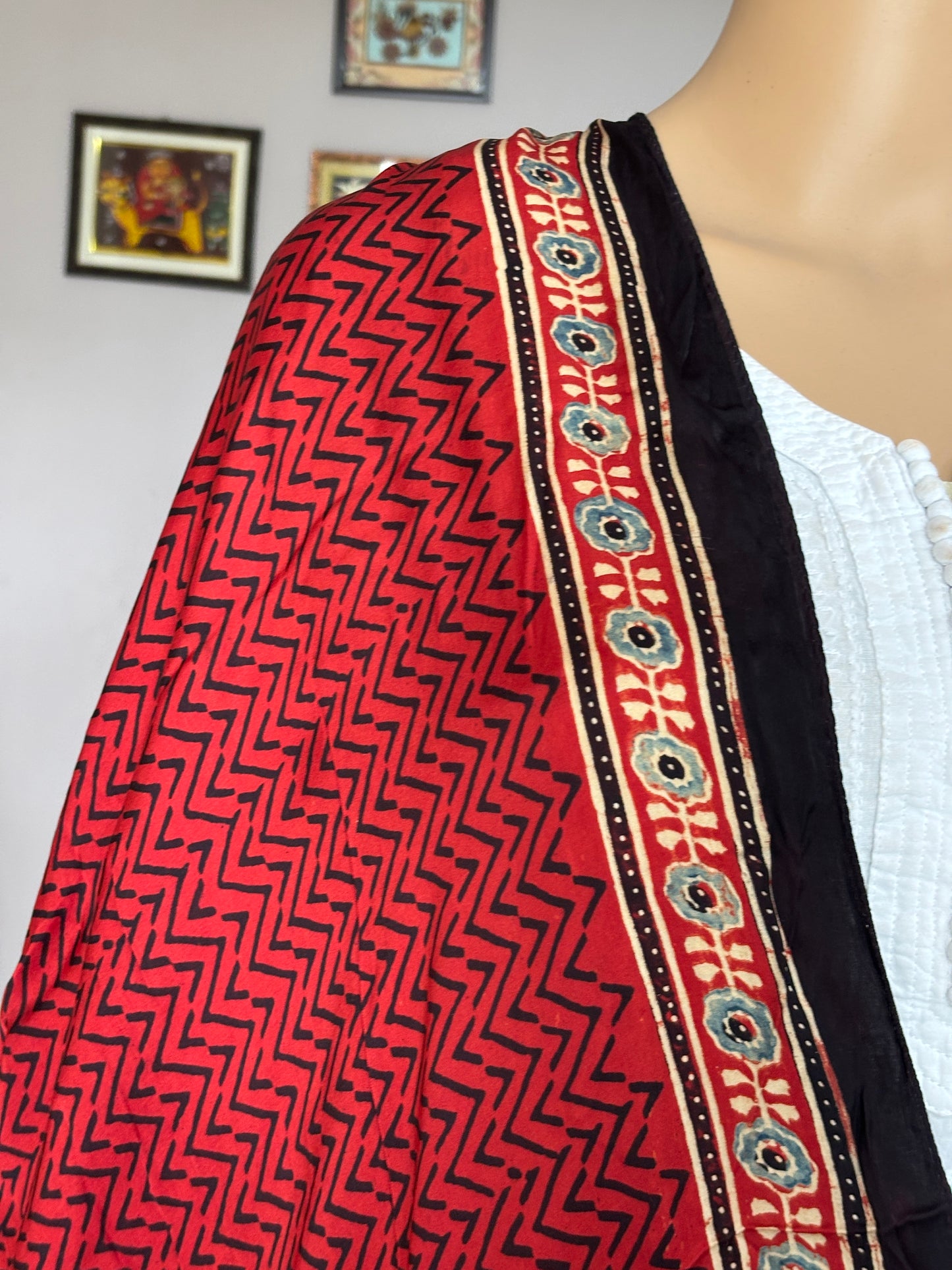 Ajrakh modal stole, red zig zag stole, closer view.